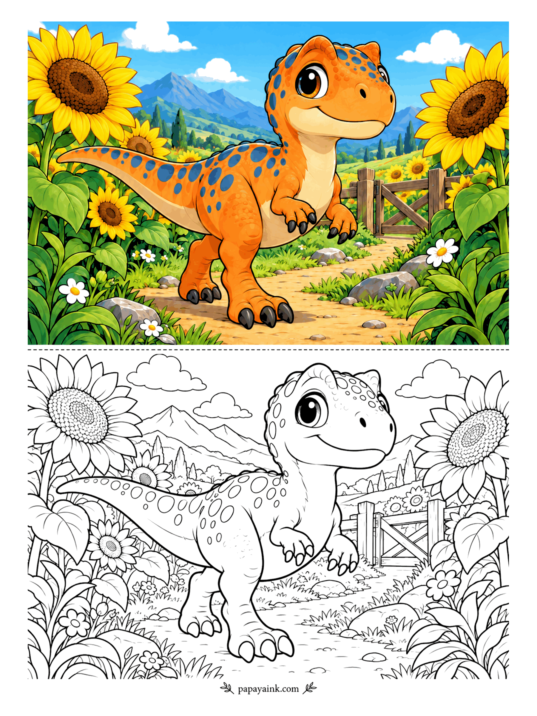 Cute Dinosaur Coloring Pages - Sunflowers tower over the allosaurus on the farm lane, each head heavier than his own. A wooden gate leads out to the field beyond. Dot the seed centers in brown first, then run yellow around them.