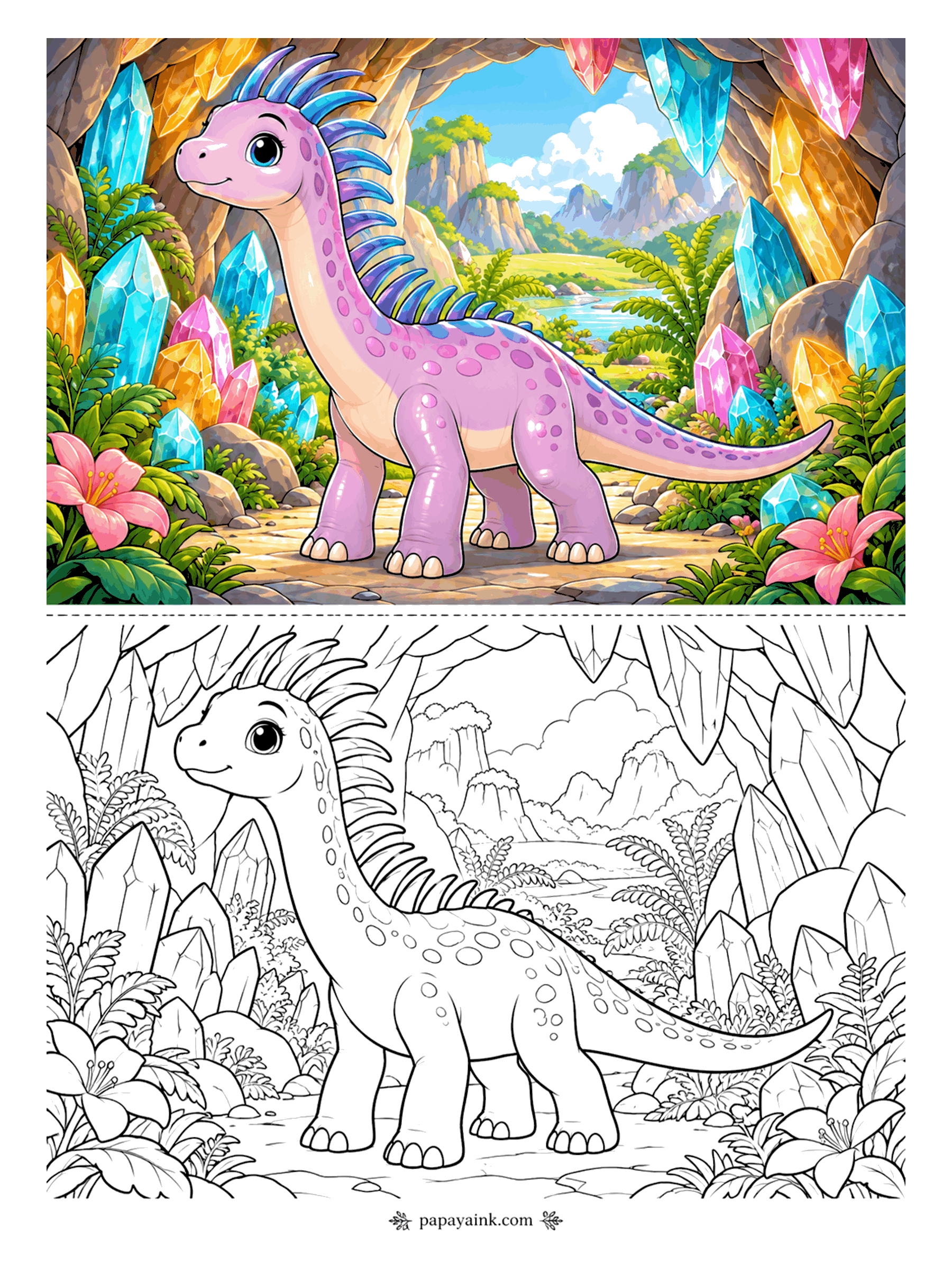 Cute Dinosaur Coloring Pages - Deep in the crystal cave, the amargasaurus's double row of neck spines catches the light from every gem. The mouth of the cave opens on mountains and a river. Make each crystal a different color and leave a white highlight on every one.