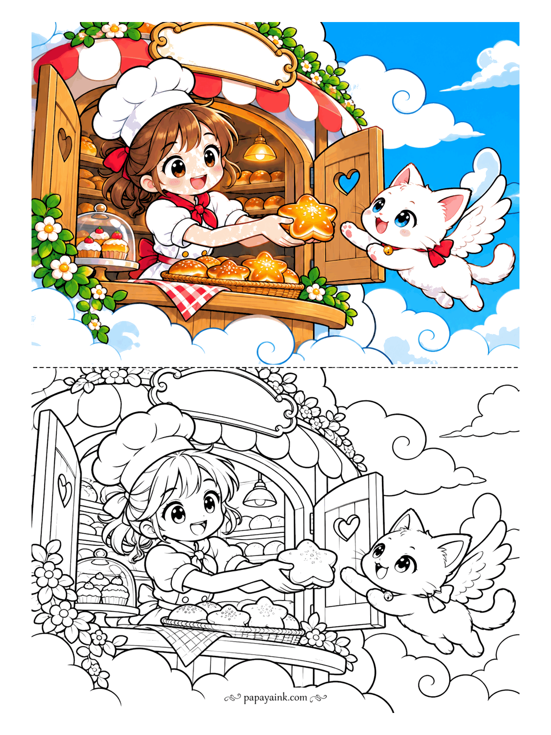Cute Anime Coloring Pages - At a bakery window floating in the clouds, a cute anime baker in a tall chef hat hands a star-shaped bun to a winged white kitten flying up for breakfast.