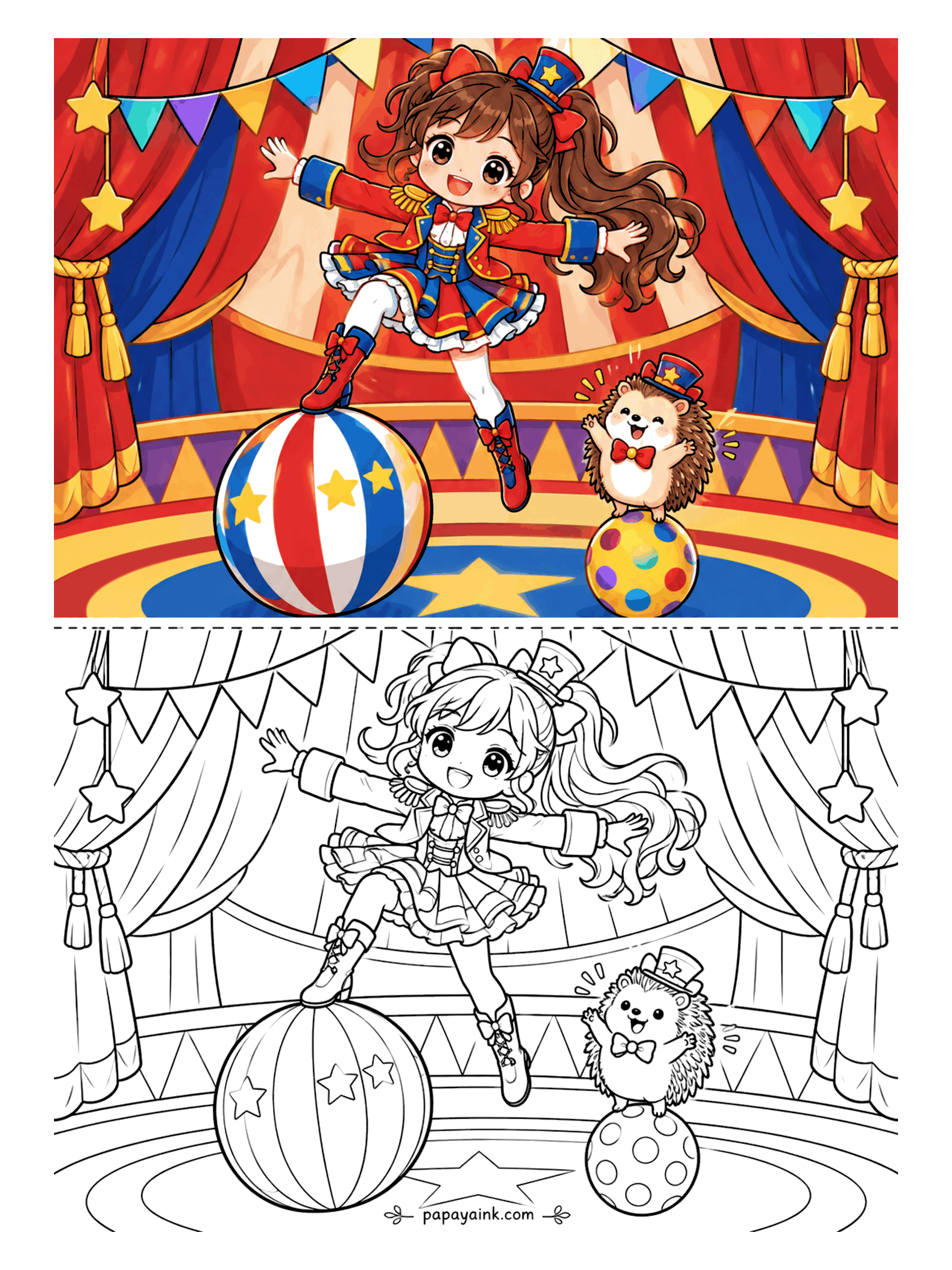 Cute Anime Coloring Pages - Under the big top, an anime girl in a ringmaster jacket and tiny top hat balances on a star-striped ball while a hedgehog in a bow tie cheers from a polka-dot ball.