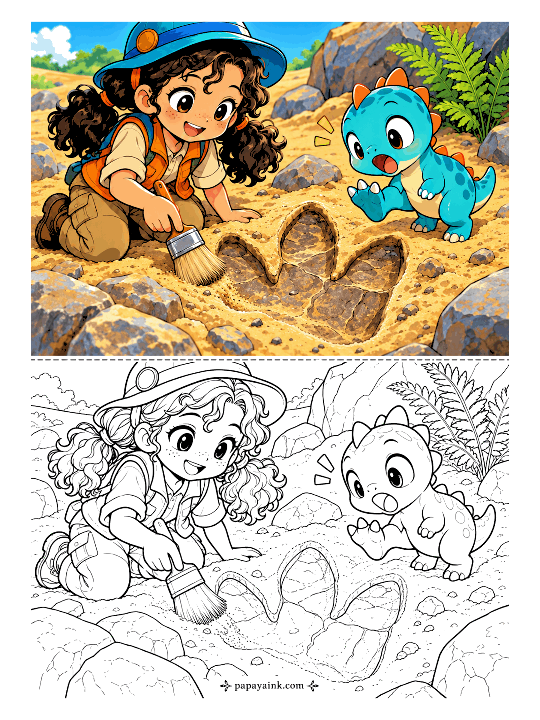 Cute Anime Coloring Pages - A freckled anime explorer in a sun hat brushes sand from a huge fossil footprint while a startled baby dinosaur realizes whose foot it matches.