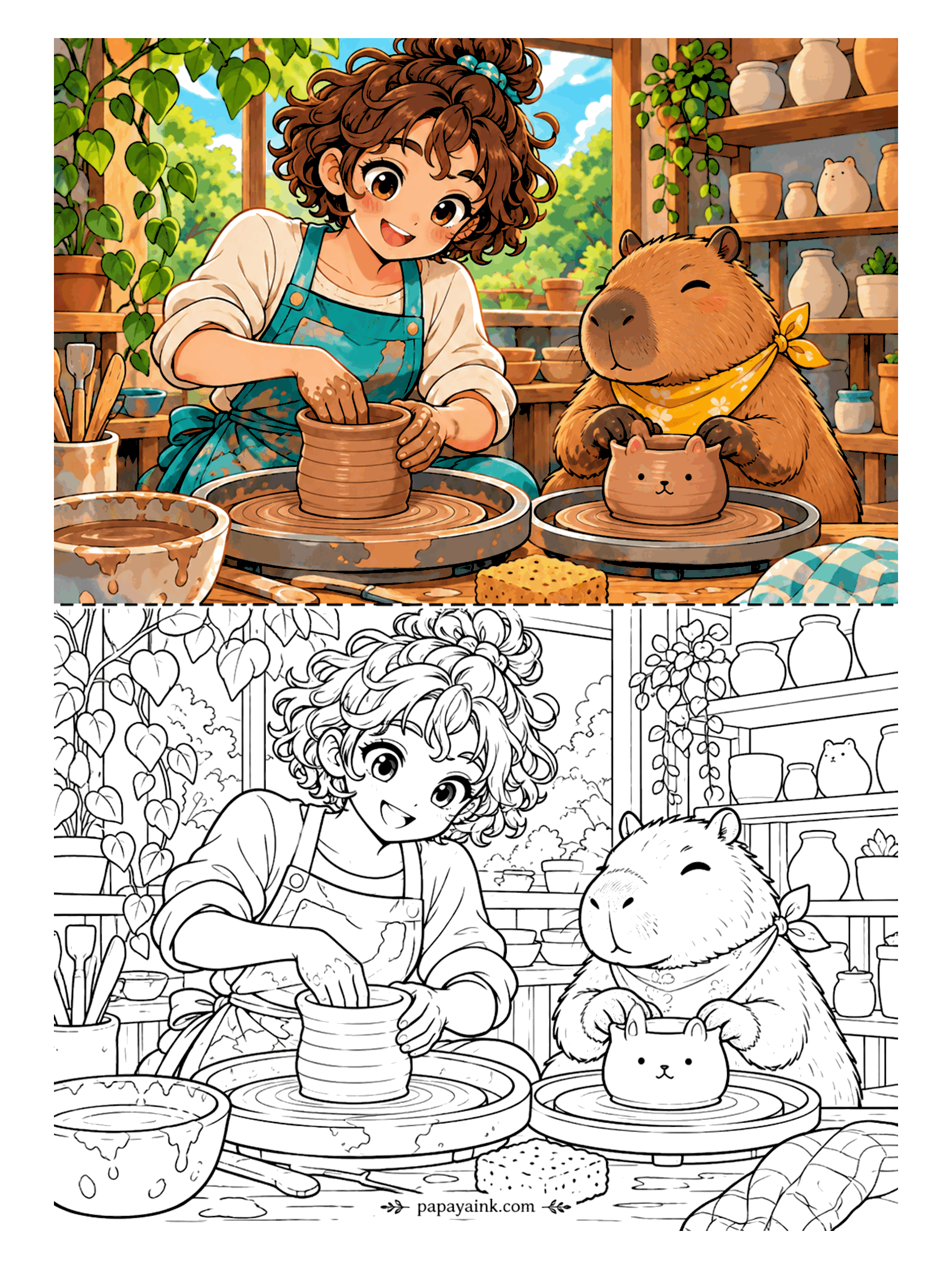 Cute Anime Coloring Pages - In a plant-filled pottery studio, a curly-haired anime girl shapes a vase on the wheel while a calm capybara in a bandana makes a cat-faced cup on the wheel beside her.