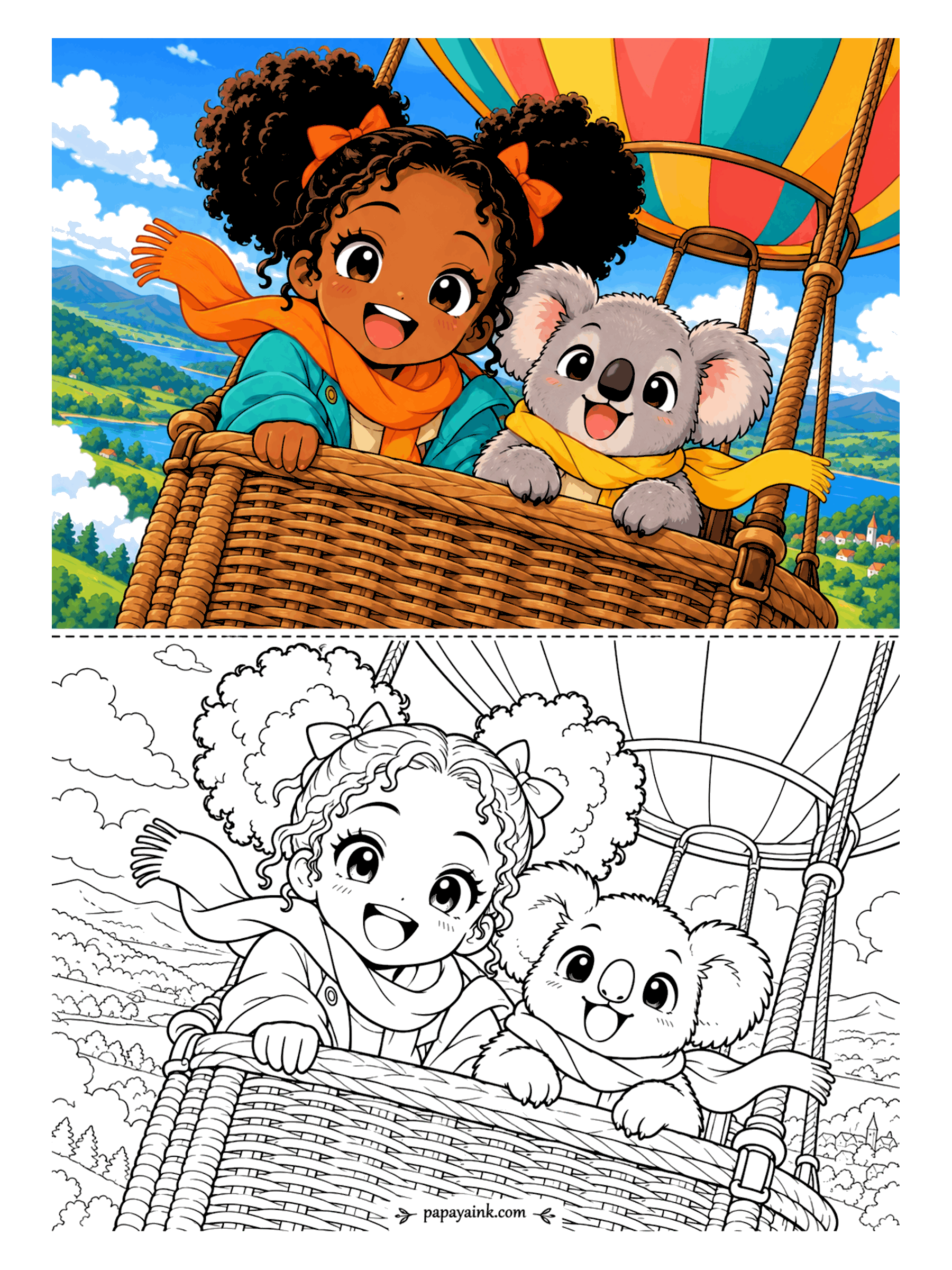 Cute Anime Coloring Pages - An anime girl with curly puffs and a windblown scarf leans over the edge of a wicker balloon basket next to a koala in a matching scarf, high above hills and a river.
