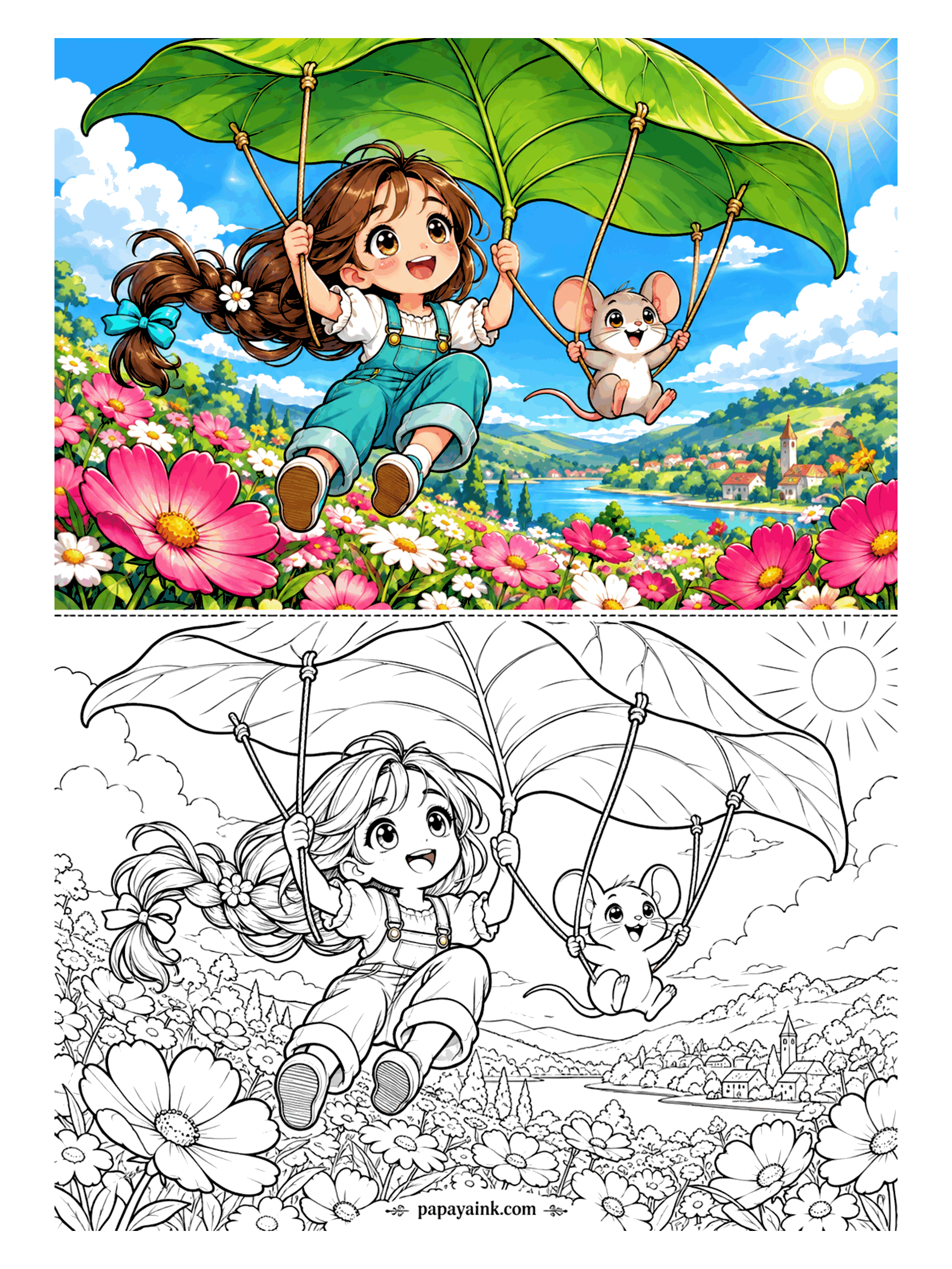 Cute Anime Coloring Pages - An anime girl with a flower-tied braid and a little mouse hang from a giant leaf like a glider, floating over a meadow of cosmos flowers toward a lakeside village. Detailed.