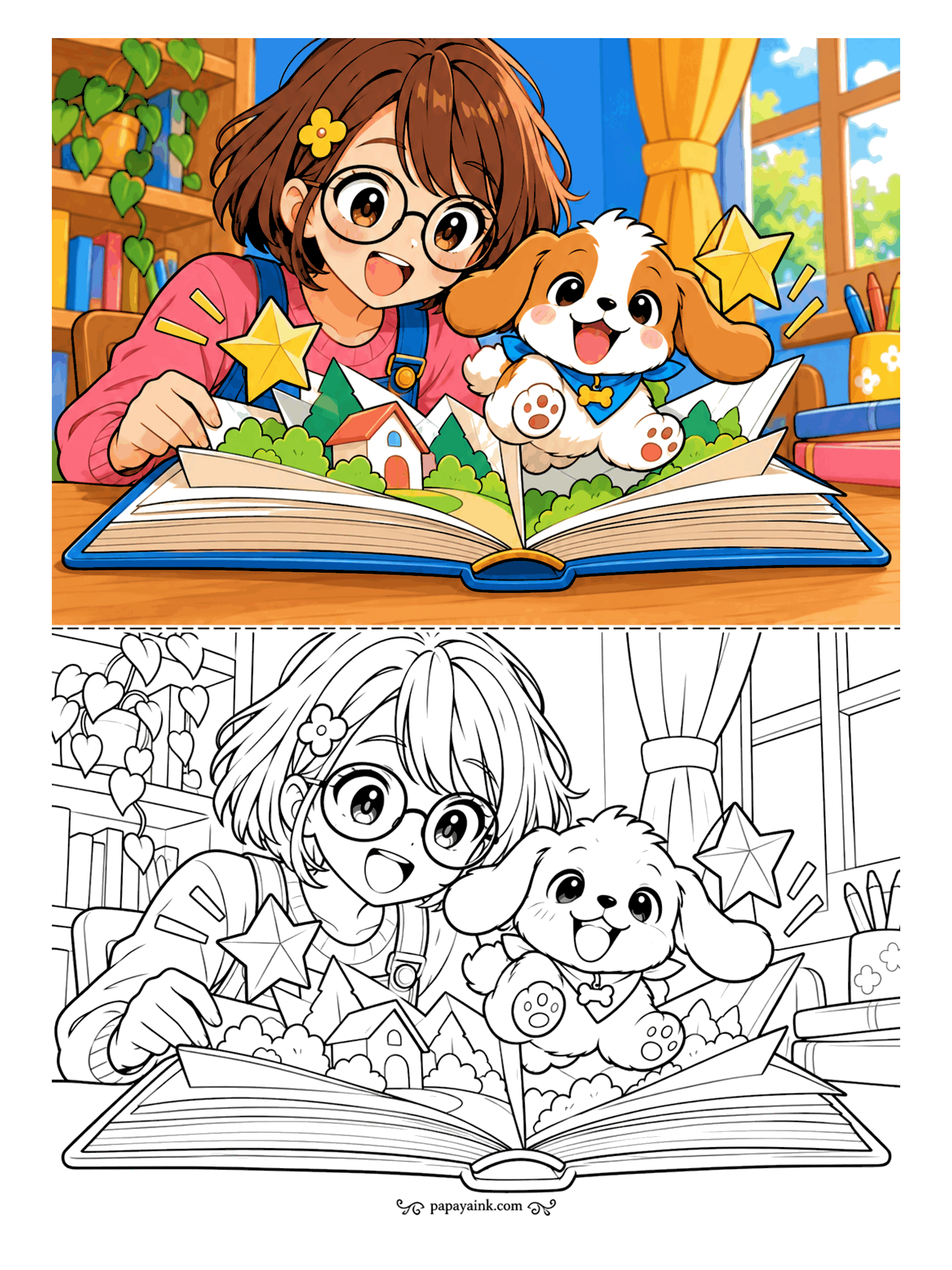 Cute Anime Coloring Pages - An anime girl in round glasses opens a pop-up book and a floppy-eared puppy bounds out of the pages among paper stars, trees and a little house.