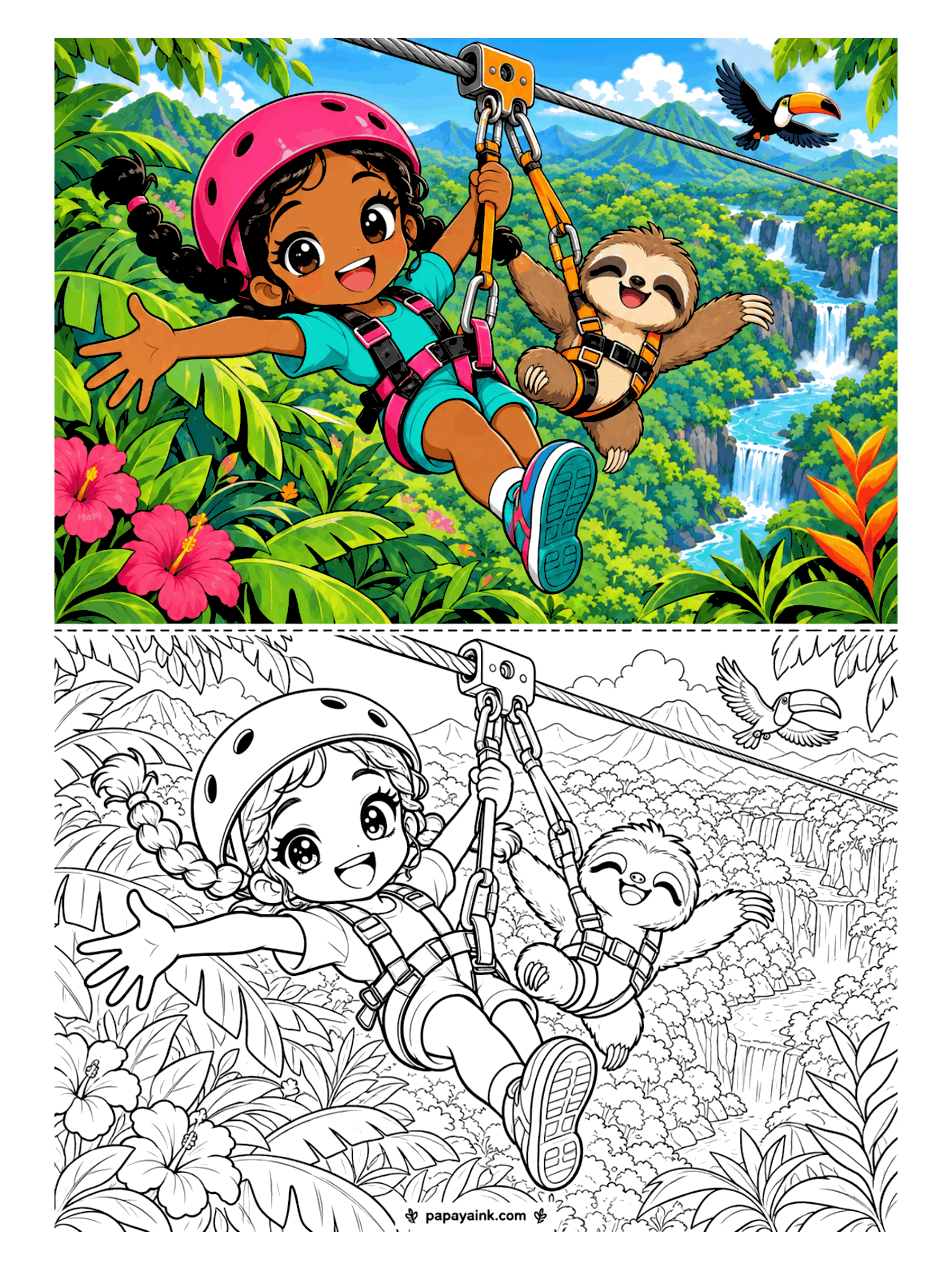Cute Anime Coloring Pages - An anime girl in a helmet and harness flies down a jungle zipline beside a beaming sloth, past hibiscus flowers, a toucan and a waterfall valley. Detailed.