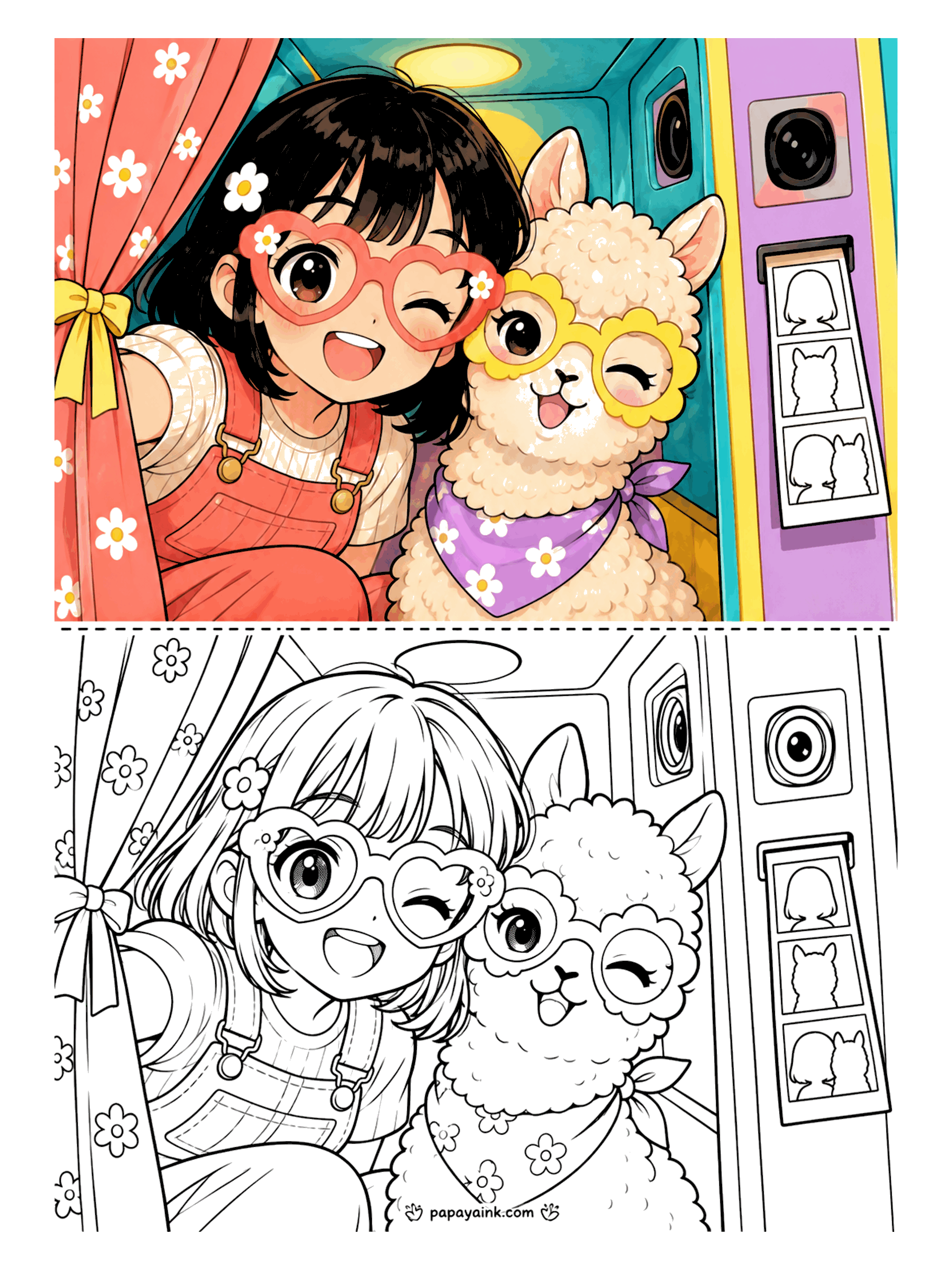 Cute Anime Coloring Pages - An anime girl in heart-shaped glasses winks beside a fluffy alpaca in flower-shaped glasses and a bandana, squeezed into a photo booth as the picture strip prints.