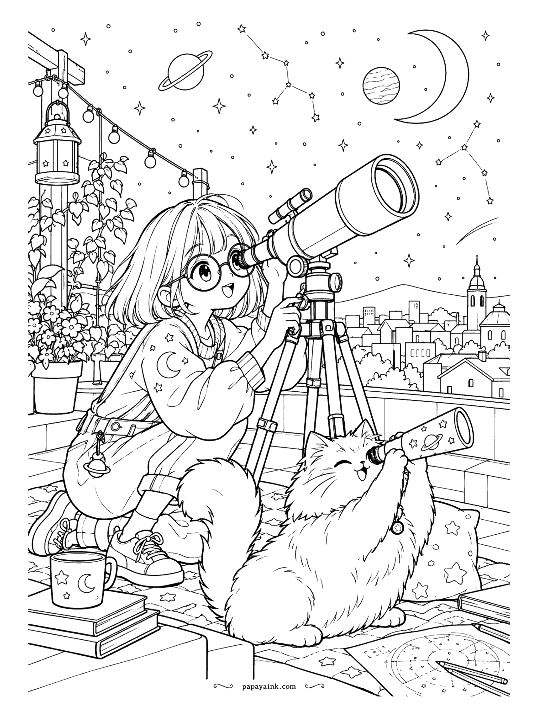 Cute Anime Coloring Pages - Rooftop stargazing: an anime girl in round glasses aims a big telescope at the crescent moon while her fluffy cat peeks through a paper spyglass of its own.