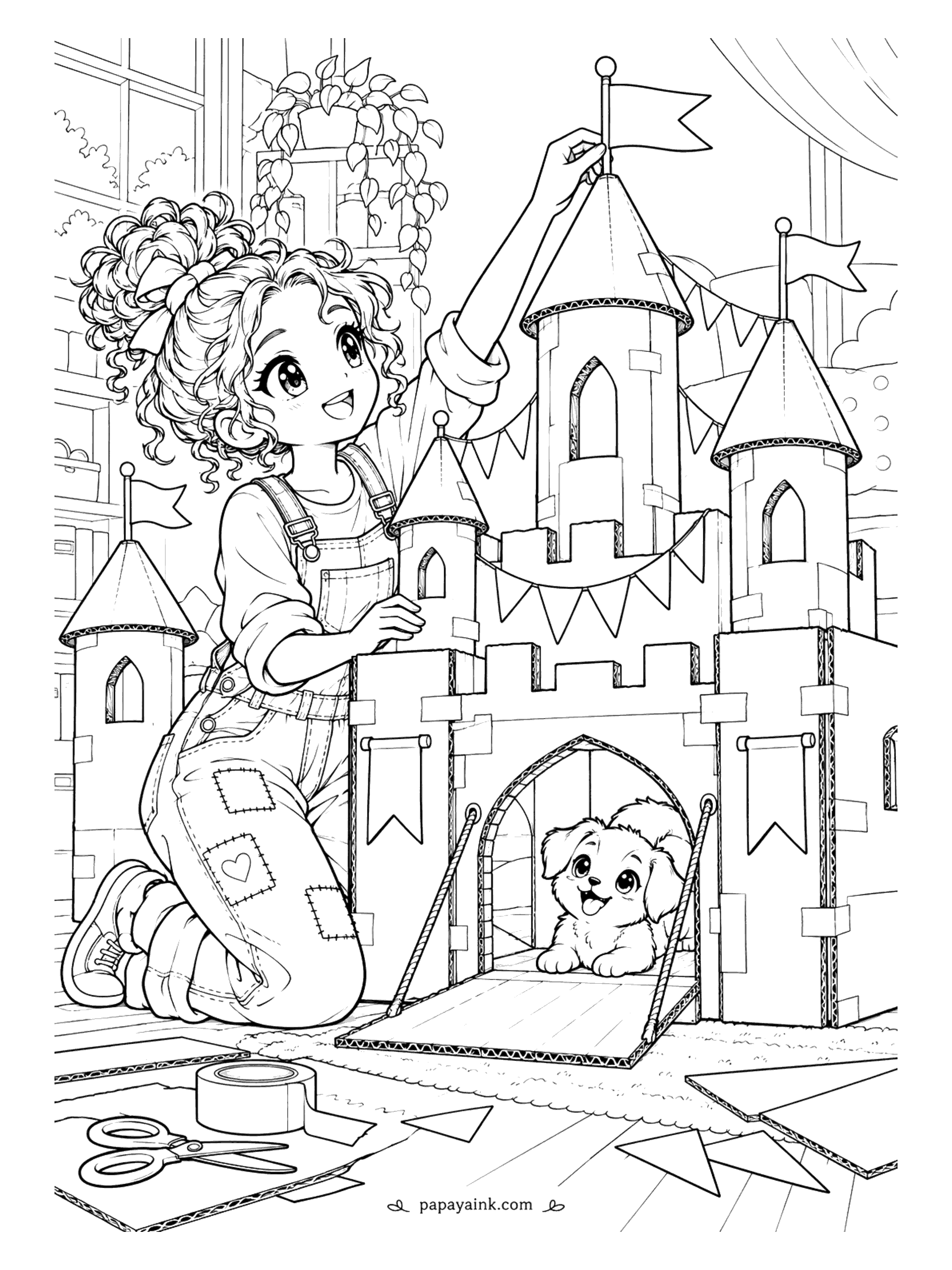 Cute Anime Coloring Pages - An anime girl with a curly bun and patched overalls tops a cardboard castle with a paper flag as a happy puppy looks out from the drawbridge gate.