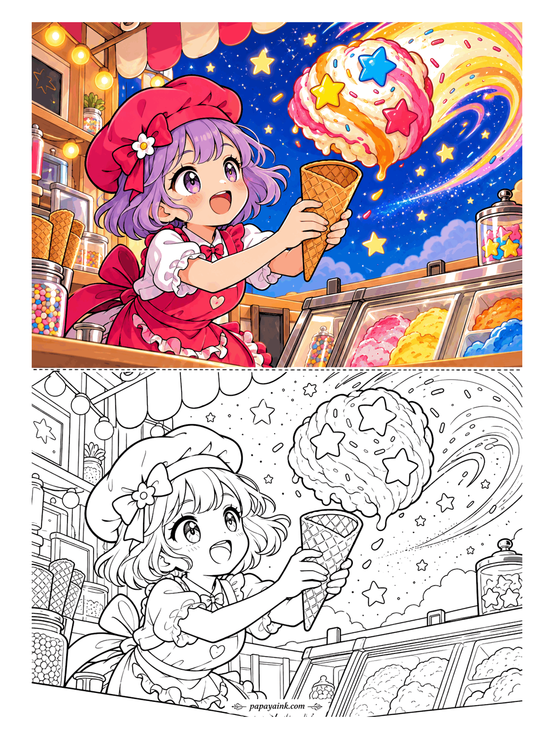 Cute Anime Coloring Pages - An anime ice cream girl in a beret and frilly apron lifts a waffle cone to catch a giant star-studded scoop streaking across the night sky like a comet.