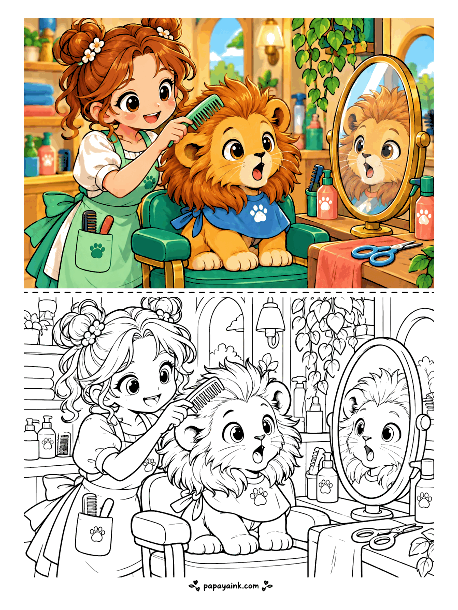 Cute Anime Coloring Pages - At a plant-filled pet salon, an anime girl with flower-pinned buns combs the fluffy mane of a lion cub who stares at the mirror in wide-eyed surprise.