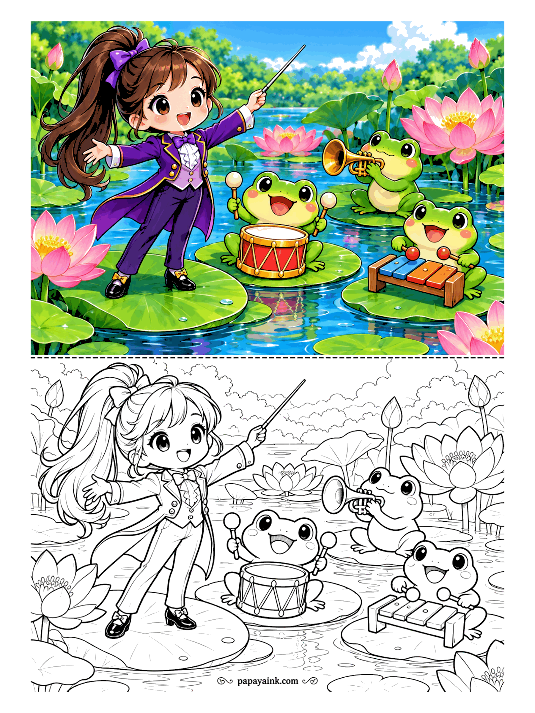 Cute Anime Coloring Pages - Standing on a lily pad in a tailcoat, an anime girl with a high ponytail conducts a band of frogs playing drum, trumpet and xylophone among lotus flowers.