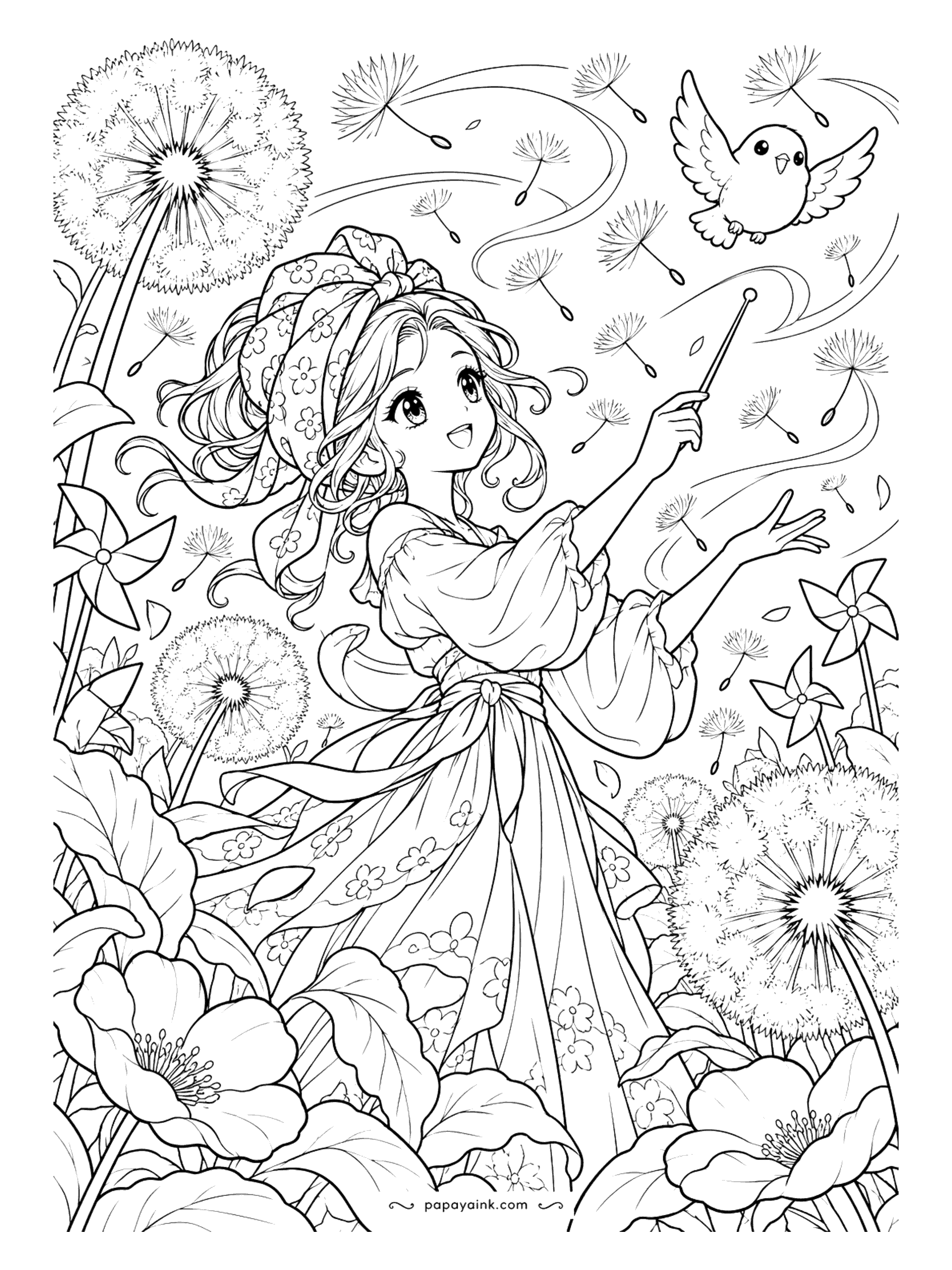 Cute Anime Coloring Pages - Detailed. In a meadow of giant dandelions and pinwheels, an anime girl in a flowered headscarf conducts drifting seeds with a slender wand as a round little bird swoops by.