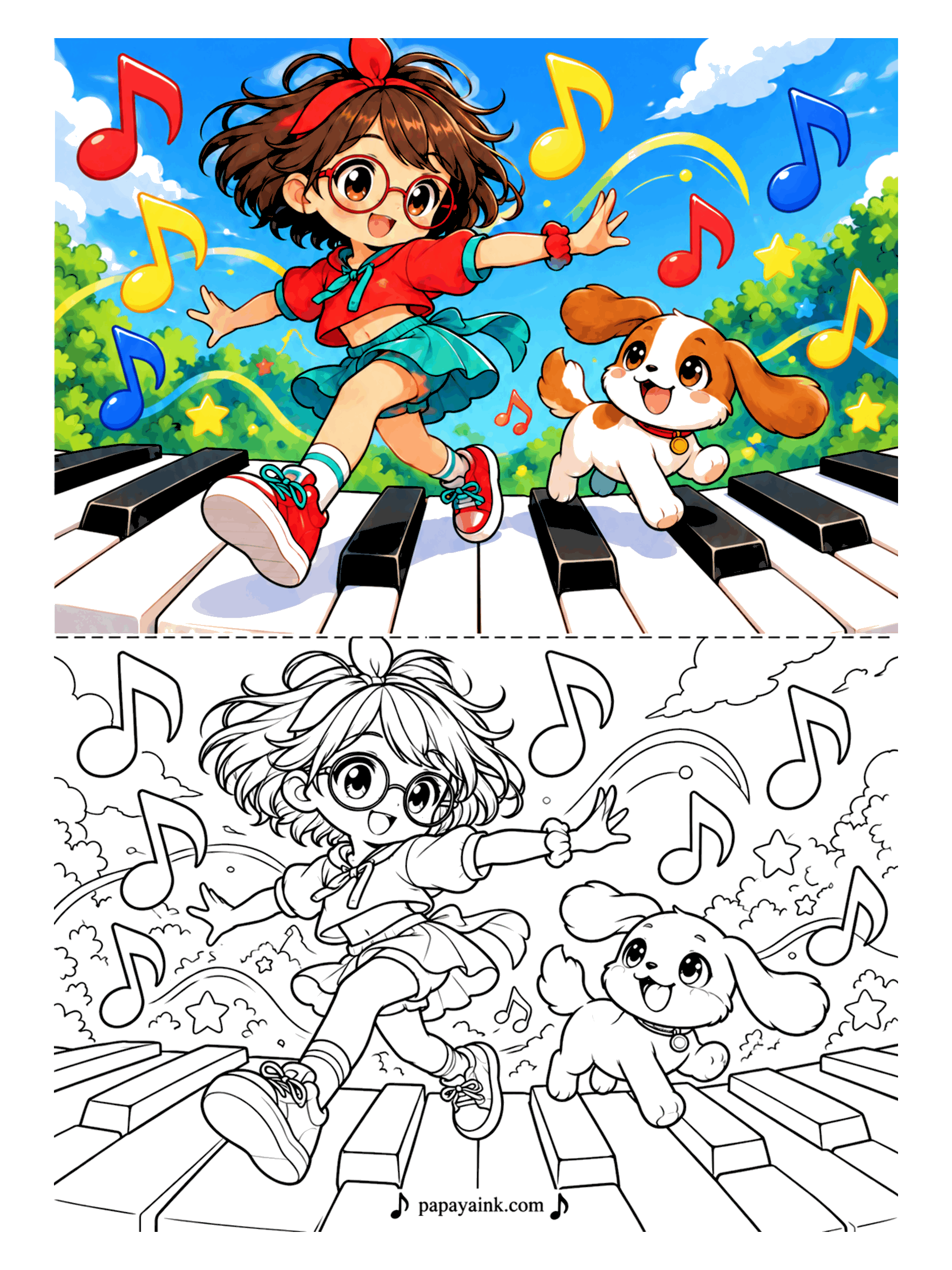 Cute Anime Coloring Pages - An anime girl in round glasses and a big hair bow dances across giant piano keys with a floppy-eared puppy while music notes and stars swirl around them.