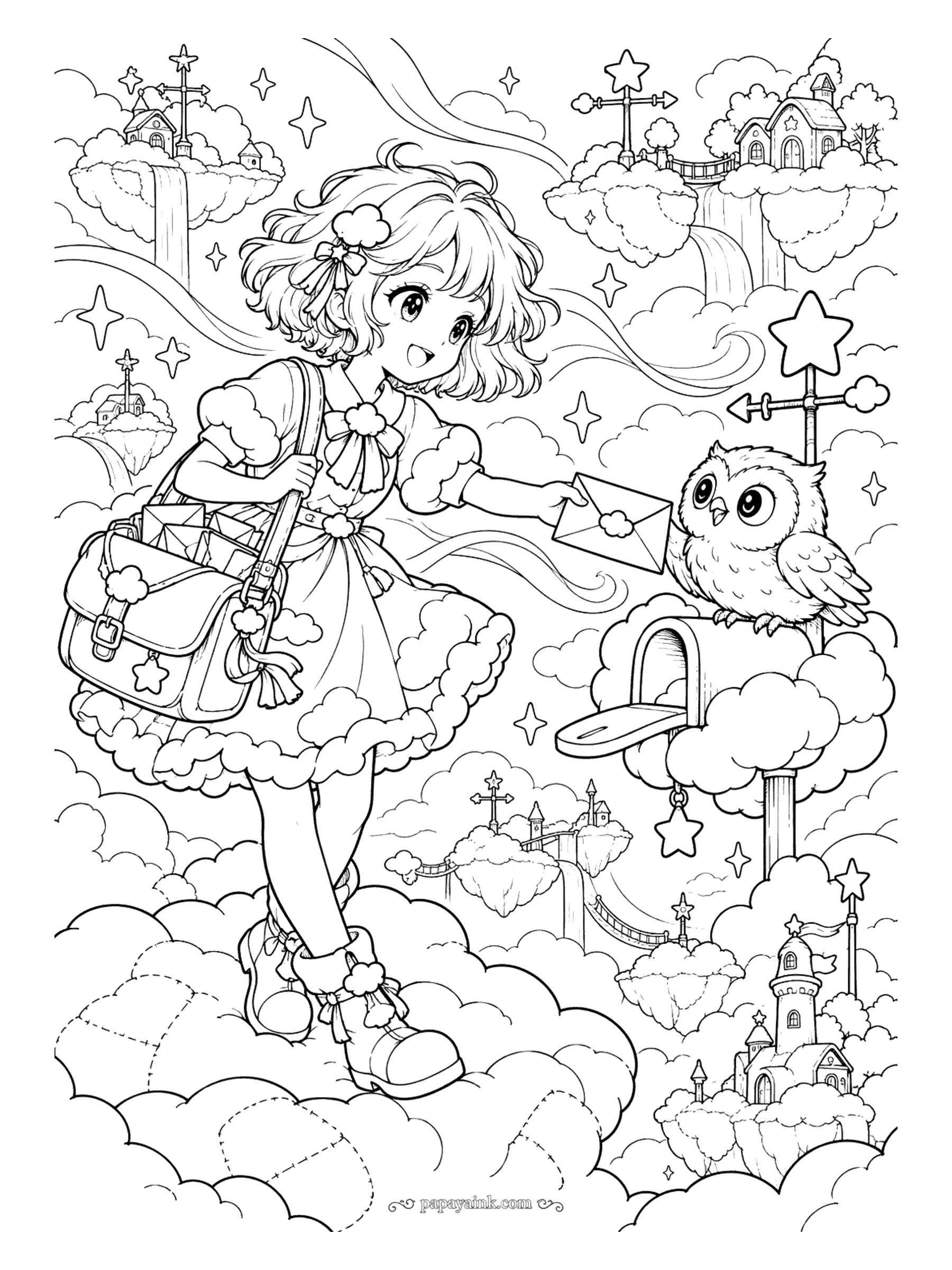Cute Anime Coloring Pages - High in a kingdom of floating islands, an anime mail girl in a cloud-trimmed dress delivers a letter to a wide-eyed owl sitting on a cloud mailbox.