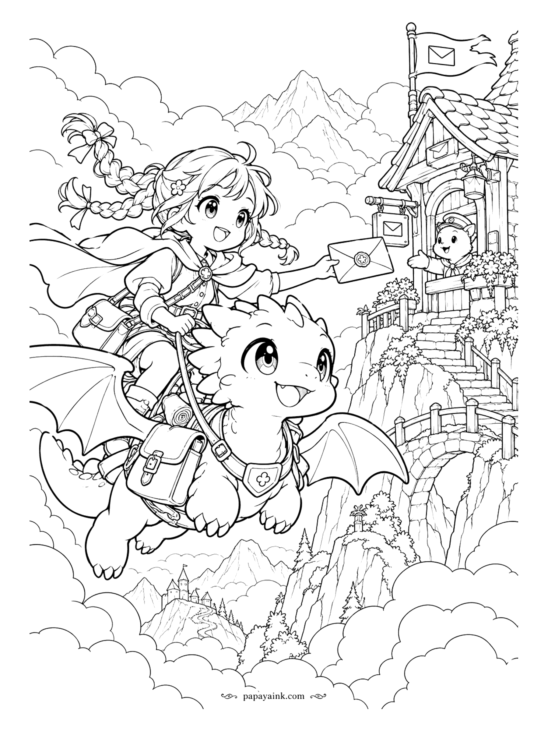 Cute Anime Coloring Pages - A braided anime courier rides a chubby baby dragon above the clouds, stretching out a wax-sealed letter to the little postmaster of a clifftop mail tower.