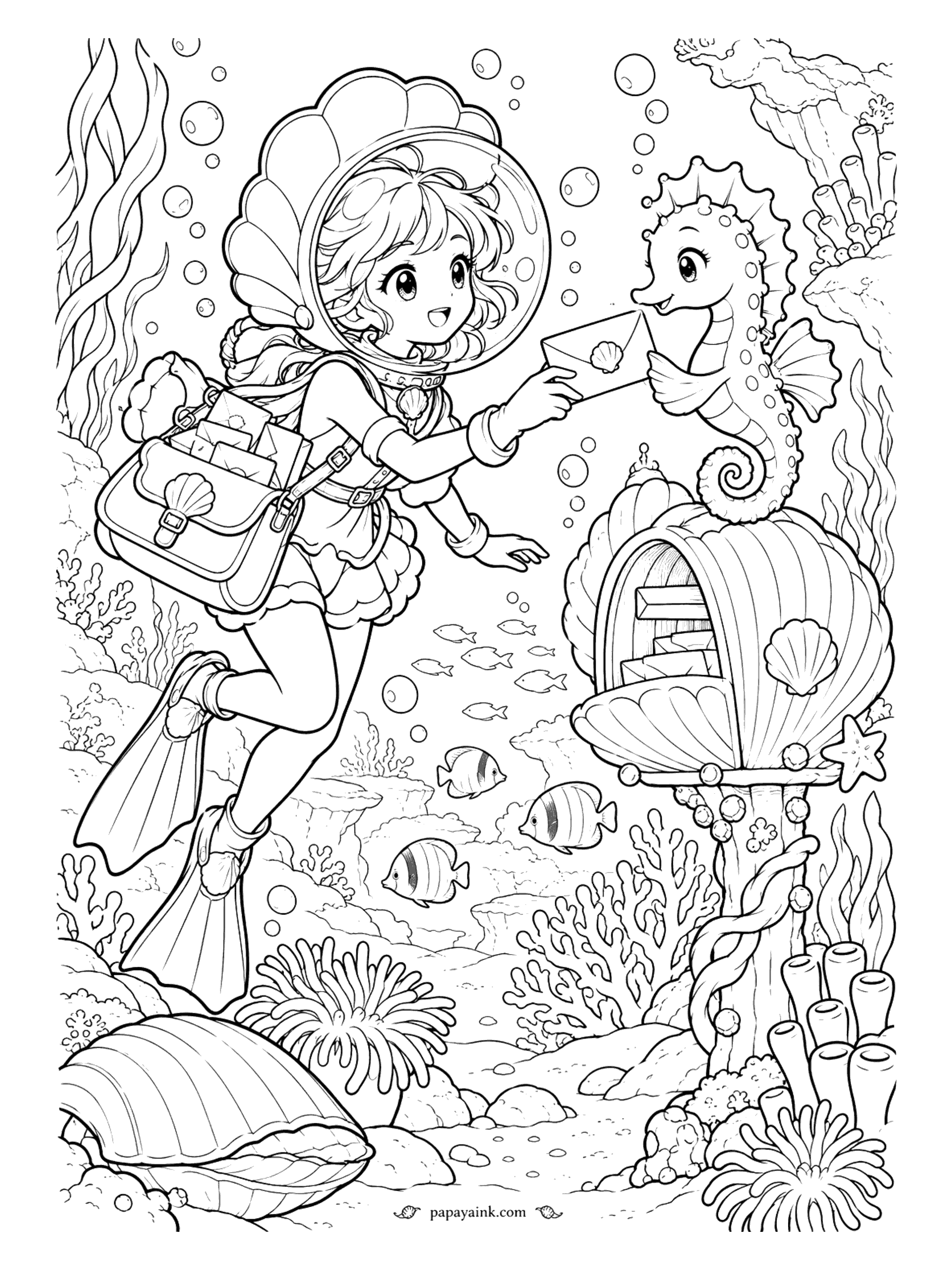 Cute Anime Coloring Pages - Detailed. Under the sea, an anime girl in a bubble helmet and flippers hands a shell-stamped envelope to a smiling seahorse perched on a clam-shell mailbox among corals and striped fish.