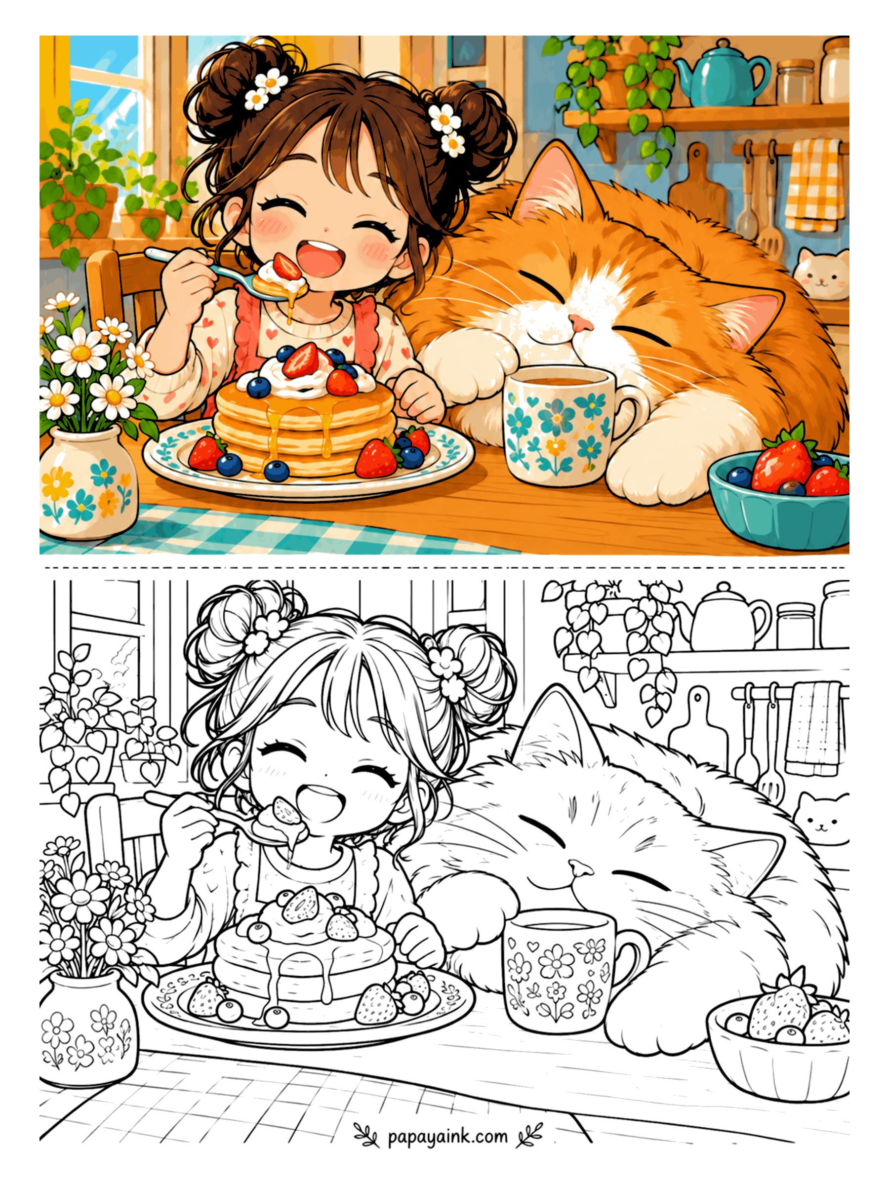 Cute Anime Coloring Pages - A kawaii anime girl with flower-pinned hair buns laughs over a stack of berry pancakes while a huge, sleepy orange cat dozes on the kitchen table beside her mug.