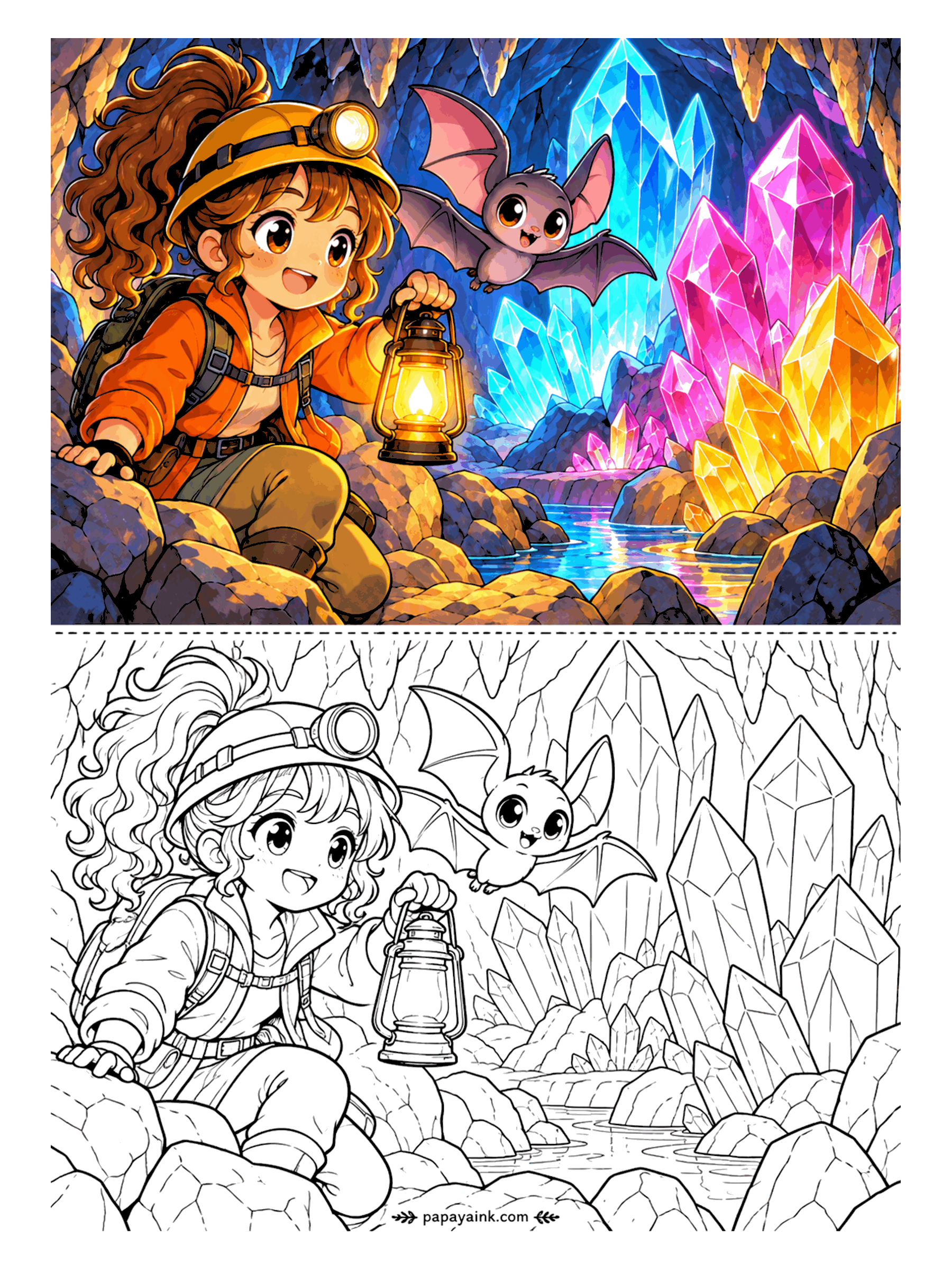 Cute Anime Coloring Pages - Wearing a helmet lamp and a backpack, an anime girl lifts her lantern toward towering crystals in an underground cave as a friendly bat flutters at her shoulder. Detailed.