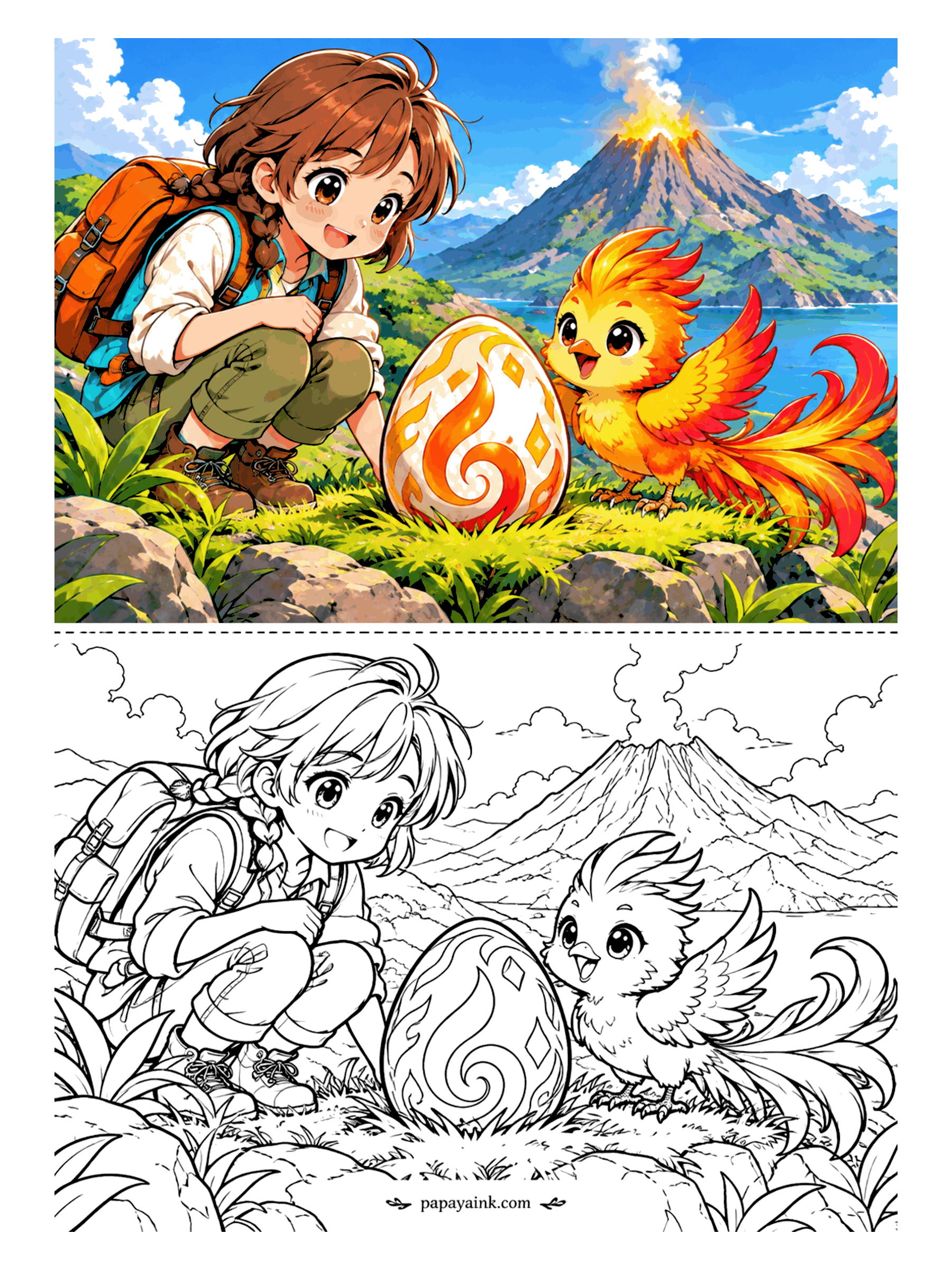 Cute Anime Coloring Pages - Near a smoking volcano by the sea, an anime explorer with a backpack crouches beside a flame-patterned egg and the fluffy phoenix chick standing guard over it.