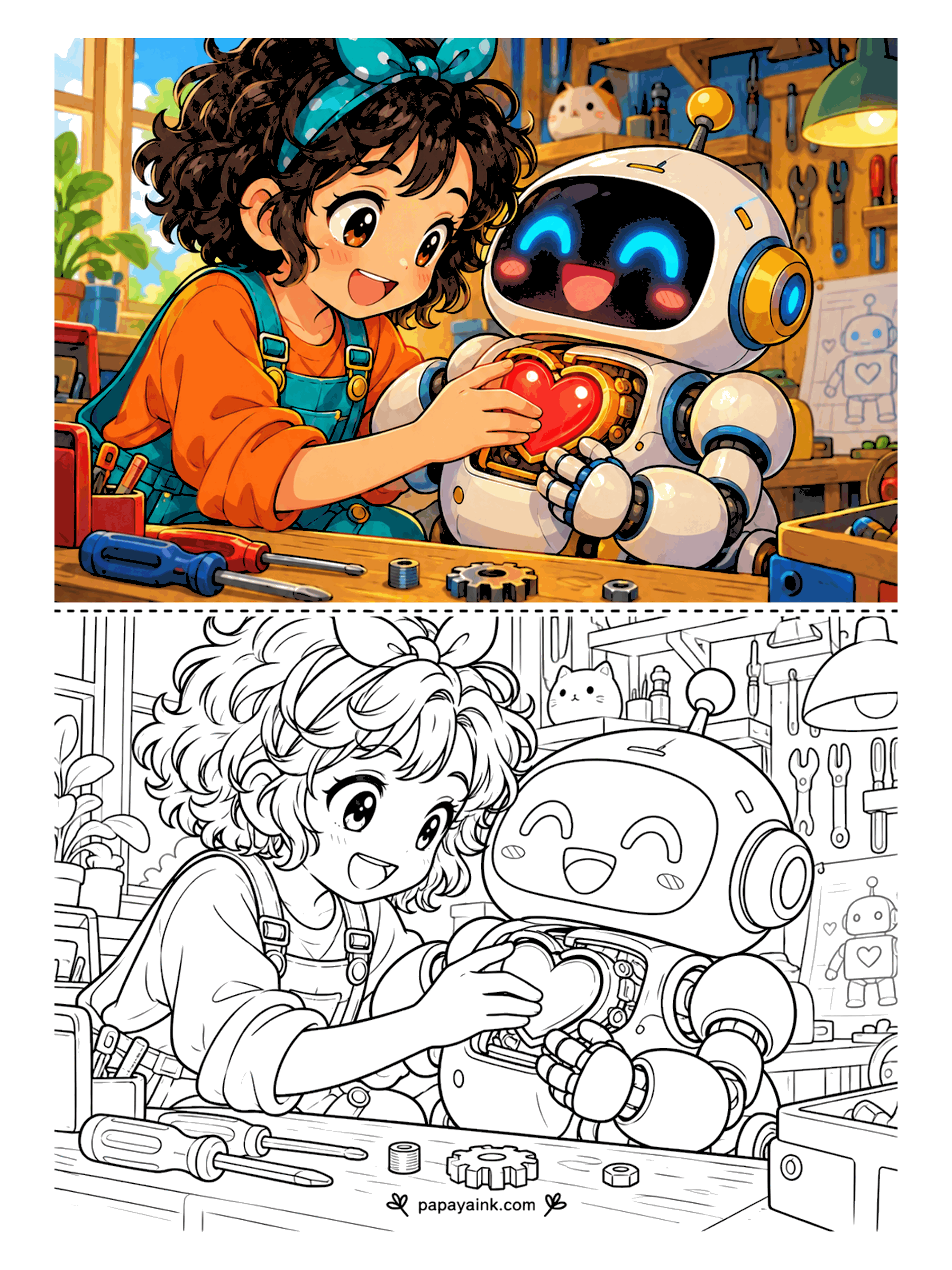 Cute Anime Coloring Pages - In a workshop full of tools, a curly-haired anime girl in overalls fits a glowing heart into the chest of a happy round robot, with a cat watching from the shelf.