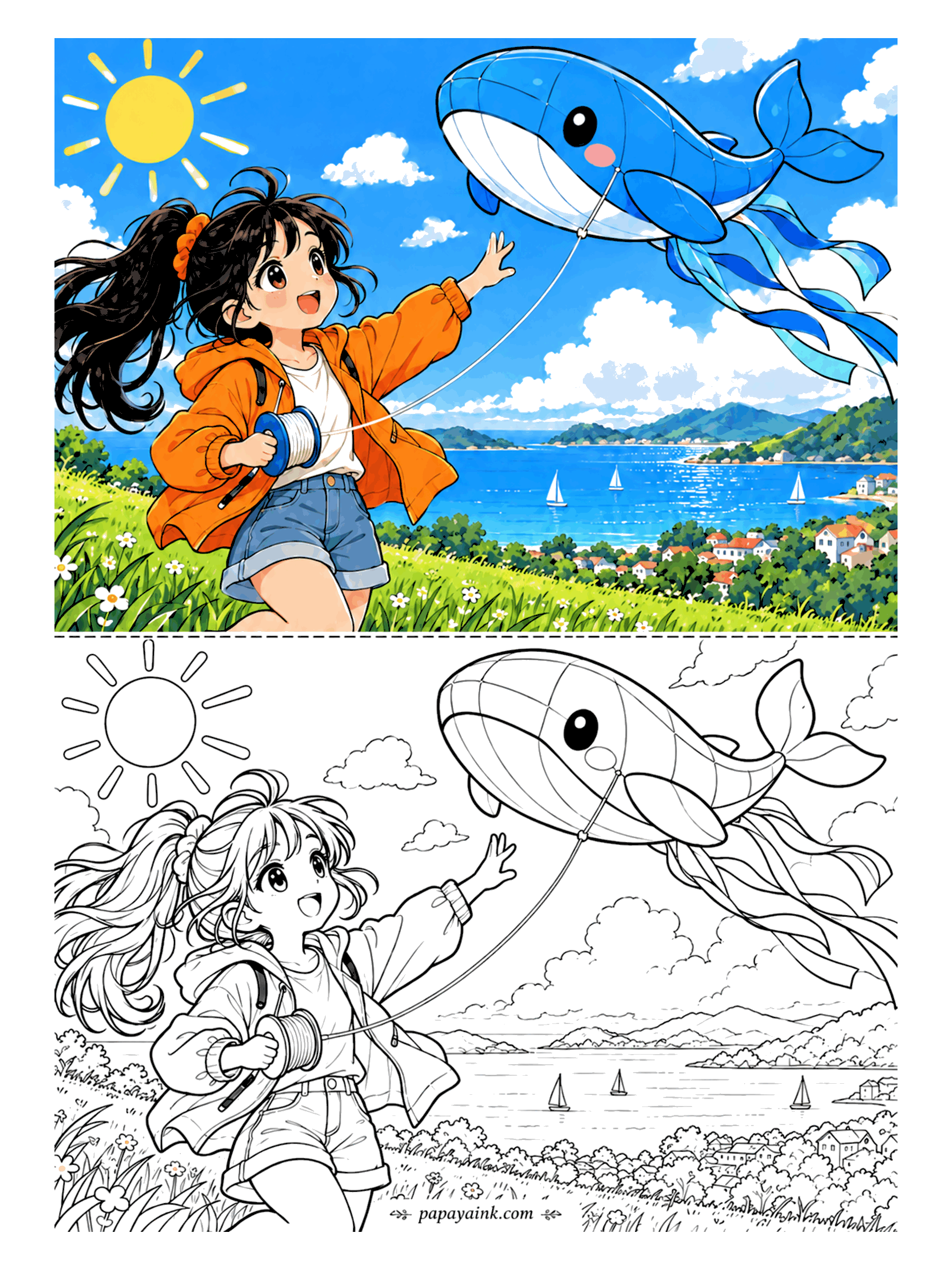Cute Anime Coloring Pages - On a breezy hillside above a bay dotted with sailboats, an anime girl with a wild ponytail runs with a spool of string, flying a giant whale kite under a smiling sun.