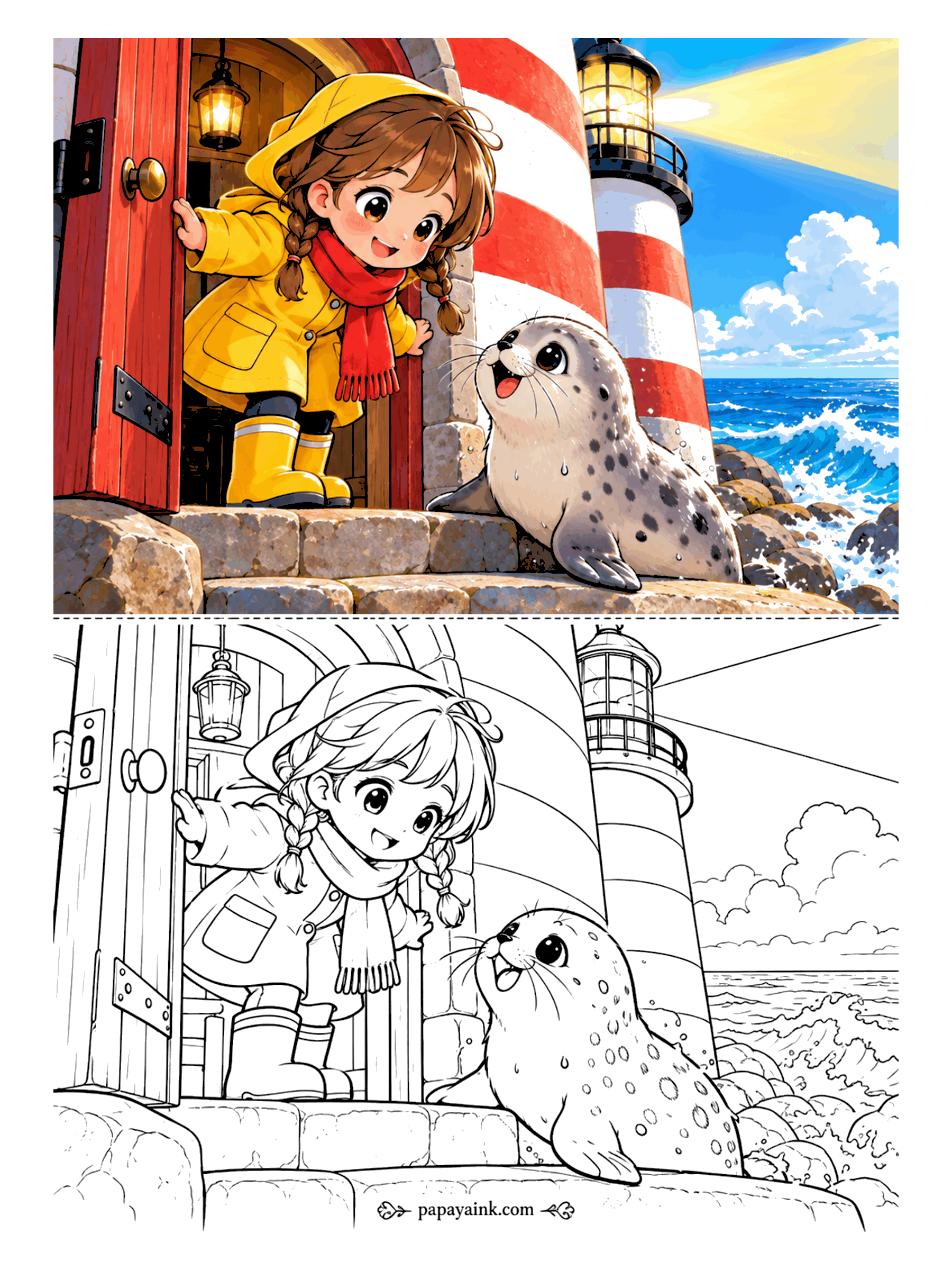 Cute Anime Coloring Pages - In a yellow raincoat and rain boots, an anime girl with braids swings open the red lighthouse door to find a spotted seal smiling up at her from the stone steps.