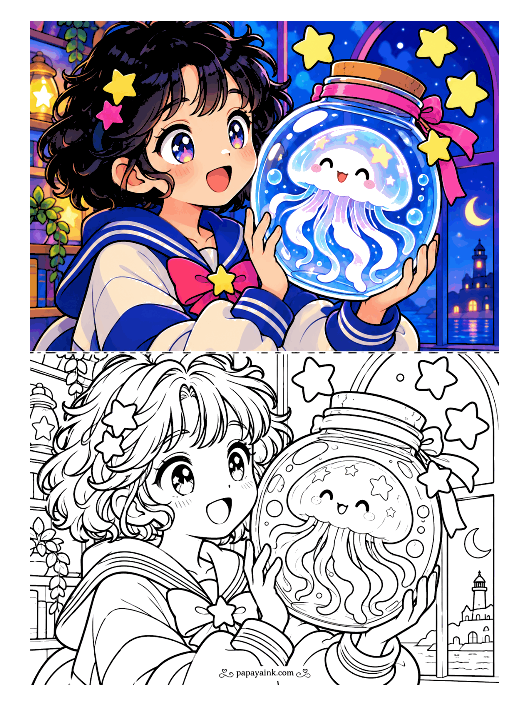 Cute Anime Coloring Pages - An anime girl in a sailor-collar outfit holds up a big glass jar with a smiling, star-spangled jellyfish glowing inside, a lighthouse and a crescent moon in the window behind her.