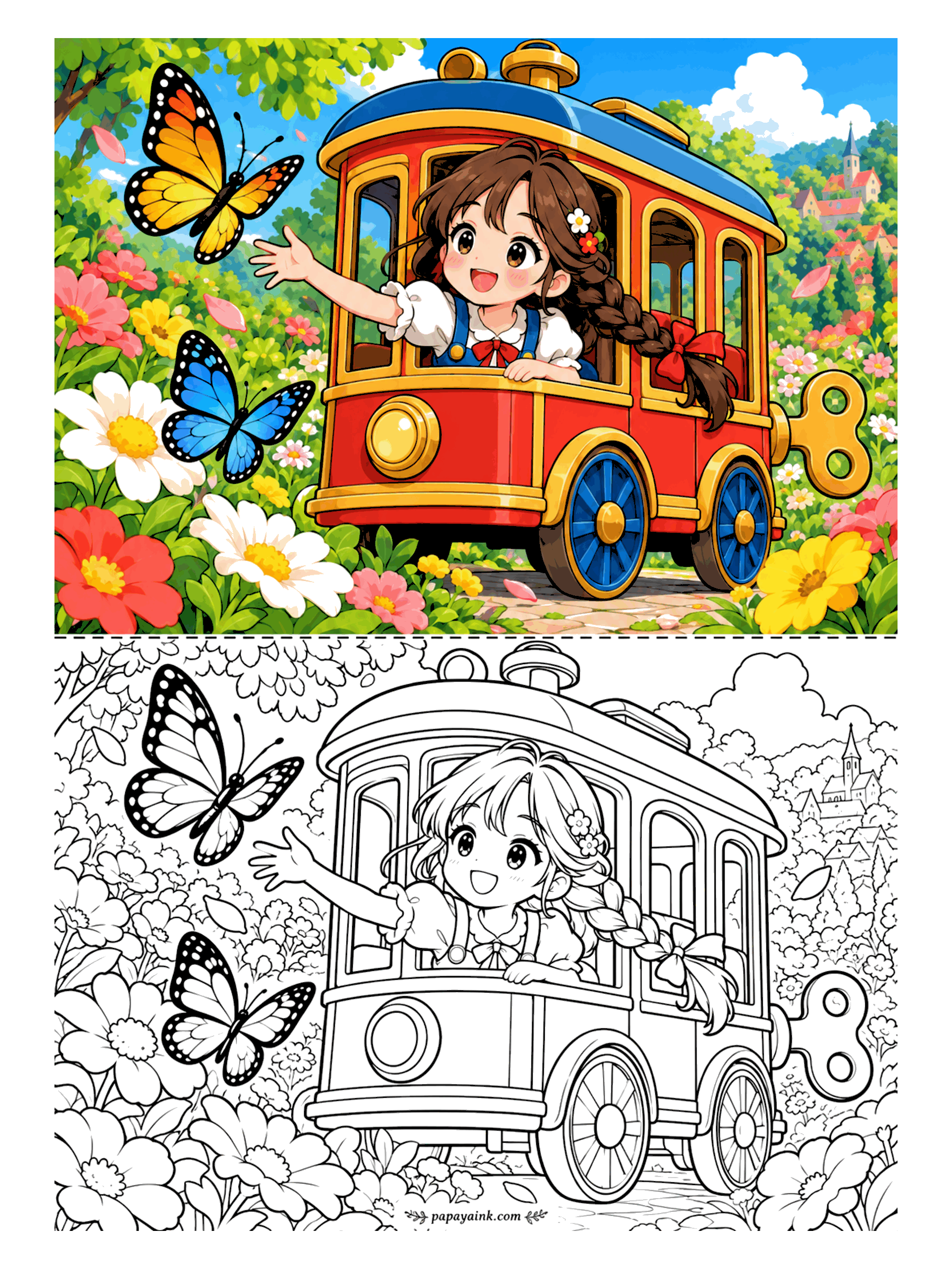 Cute Anime Coloring Pages - An anime girl with a ribbon-tied braid leans out of a wind-up toy trolley and waves to two large butterflies as it rolls through a garden in full bloom.