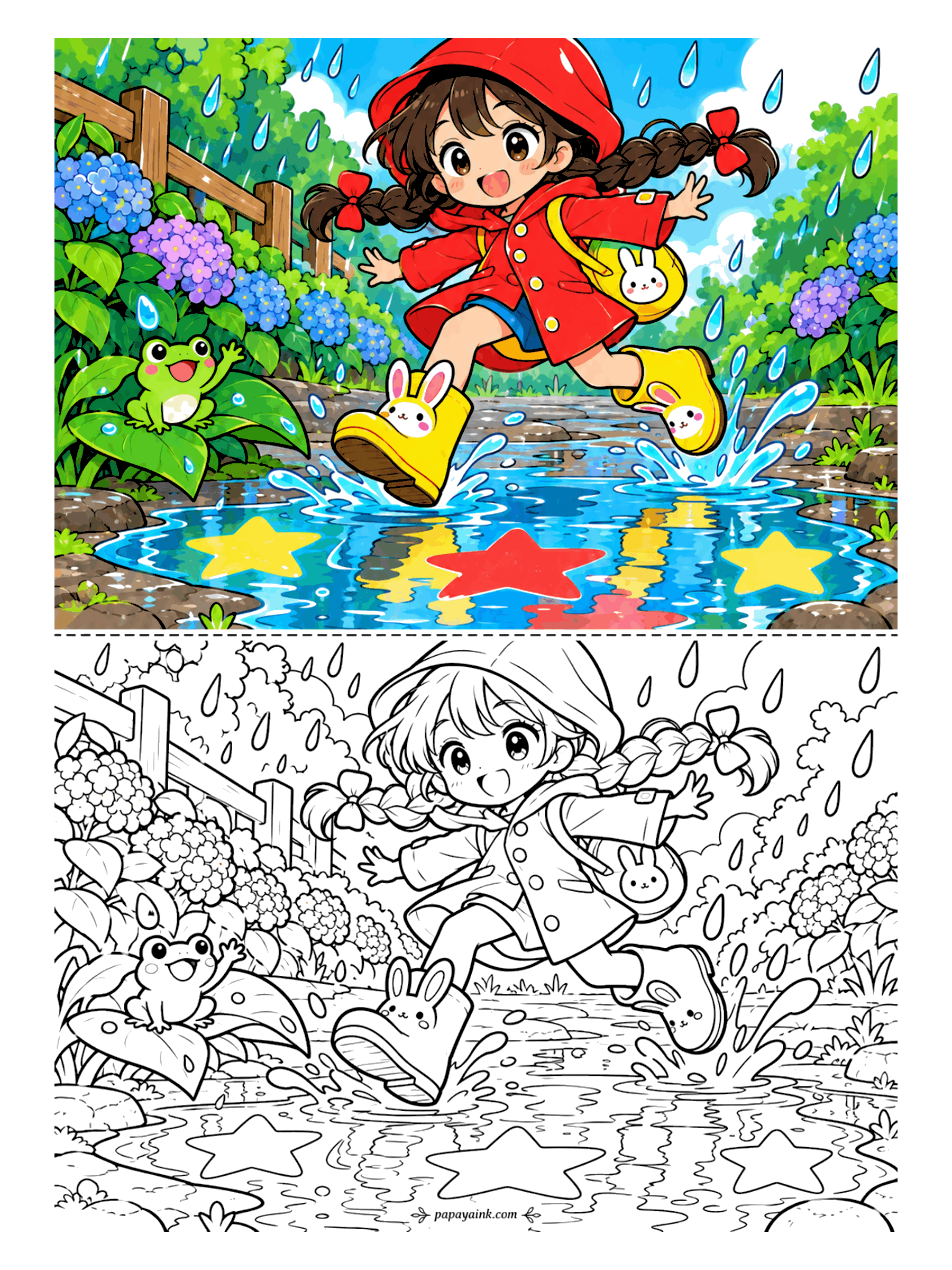 Cute Anime Coloring Pages - An anime girl in a raincoat and bunny rain boots leaps across a puddle full of star reflections while a little frog waves from a leaf among the hydrangeas.