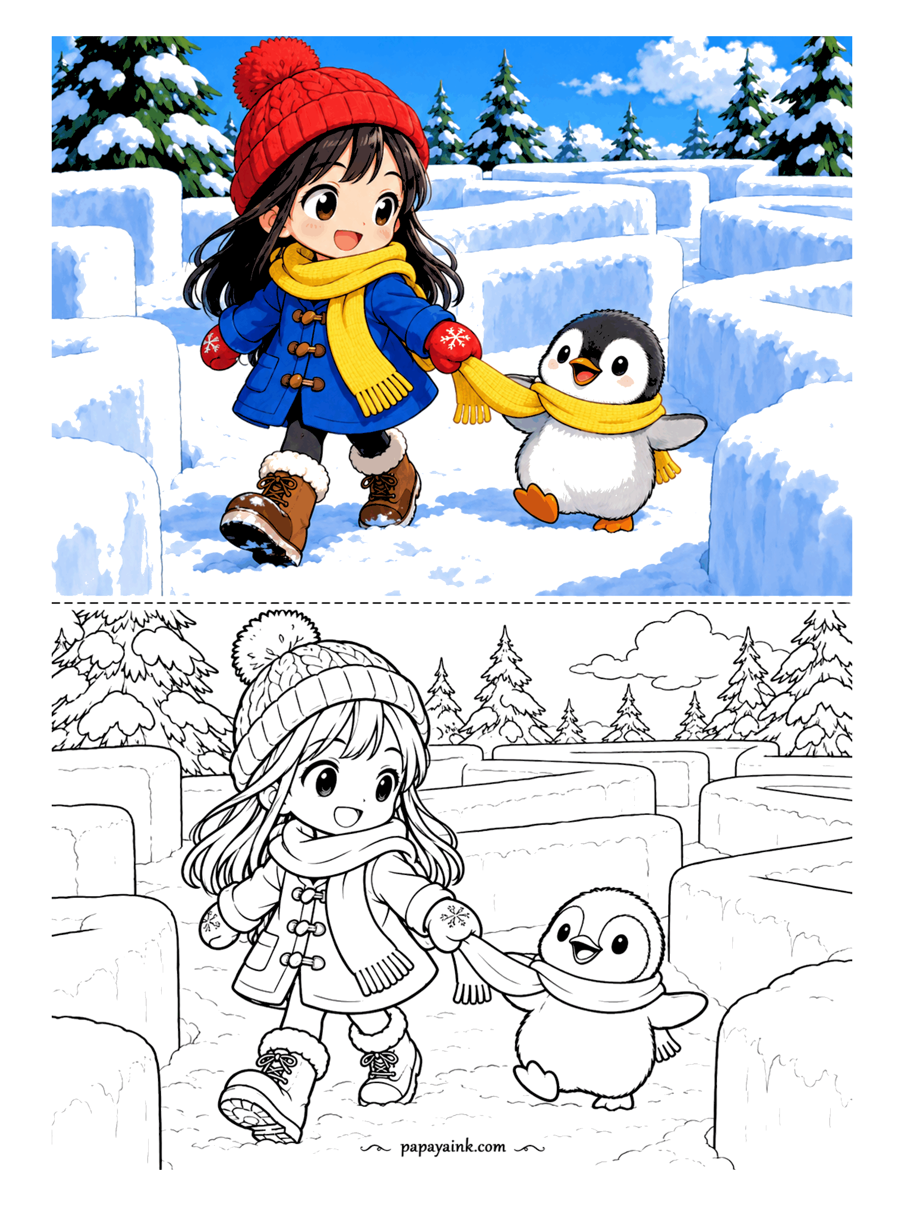 Cute Anime Coloring Pages - Bundled up in a pom-pom hat and duffle coat, an anime girl leads a baby penguin by their shared scarf through a maze of snow walls under snowy pines.