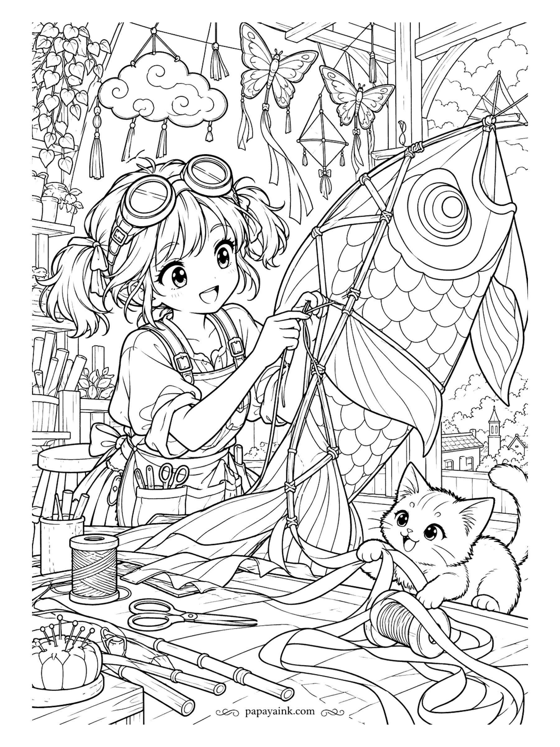 Cute Anime Coloring Pages - Detailed. In a cluttered kite workshop, an anime girl with goggles and twin ponytails ties the frame of a huge koi-fish kite while a playful kitten tangles itself in the ribbon.