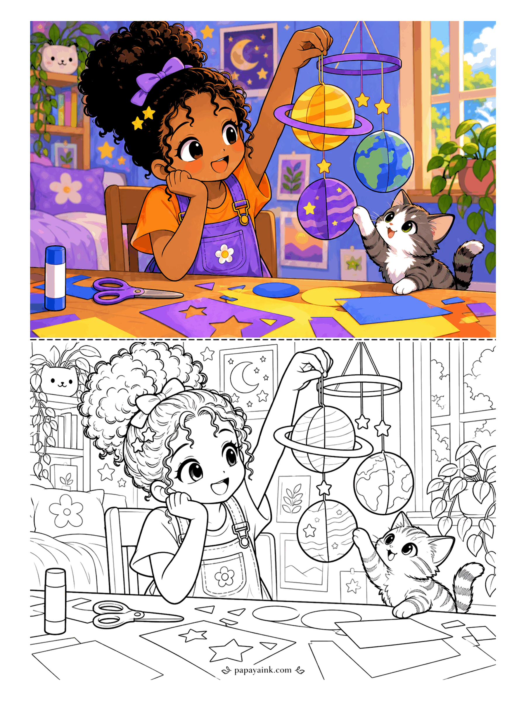 Cute Anime Coloring Pages - An anime girl with curly hair and a bow hangs up a handmade planet mobile in her star-decorated room while a tabby kitten bats at the lowest planet.