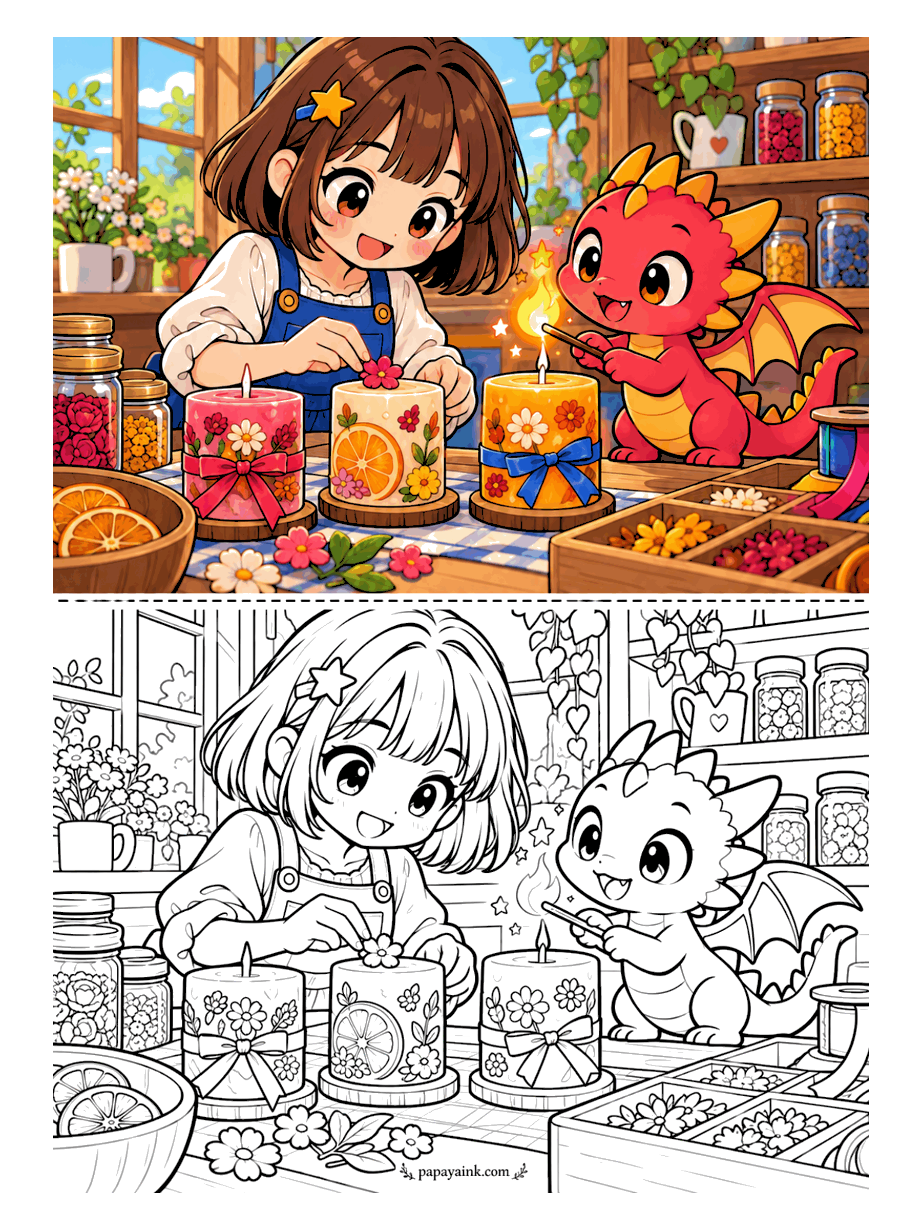 Cute Anime Coloring Pages - In a sunny craft workshop, an anime girl in an apron presses dried flowers onto handmade candles while a friendly baby dragon carefully lights the wicks.