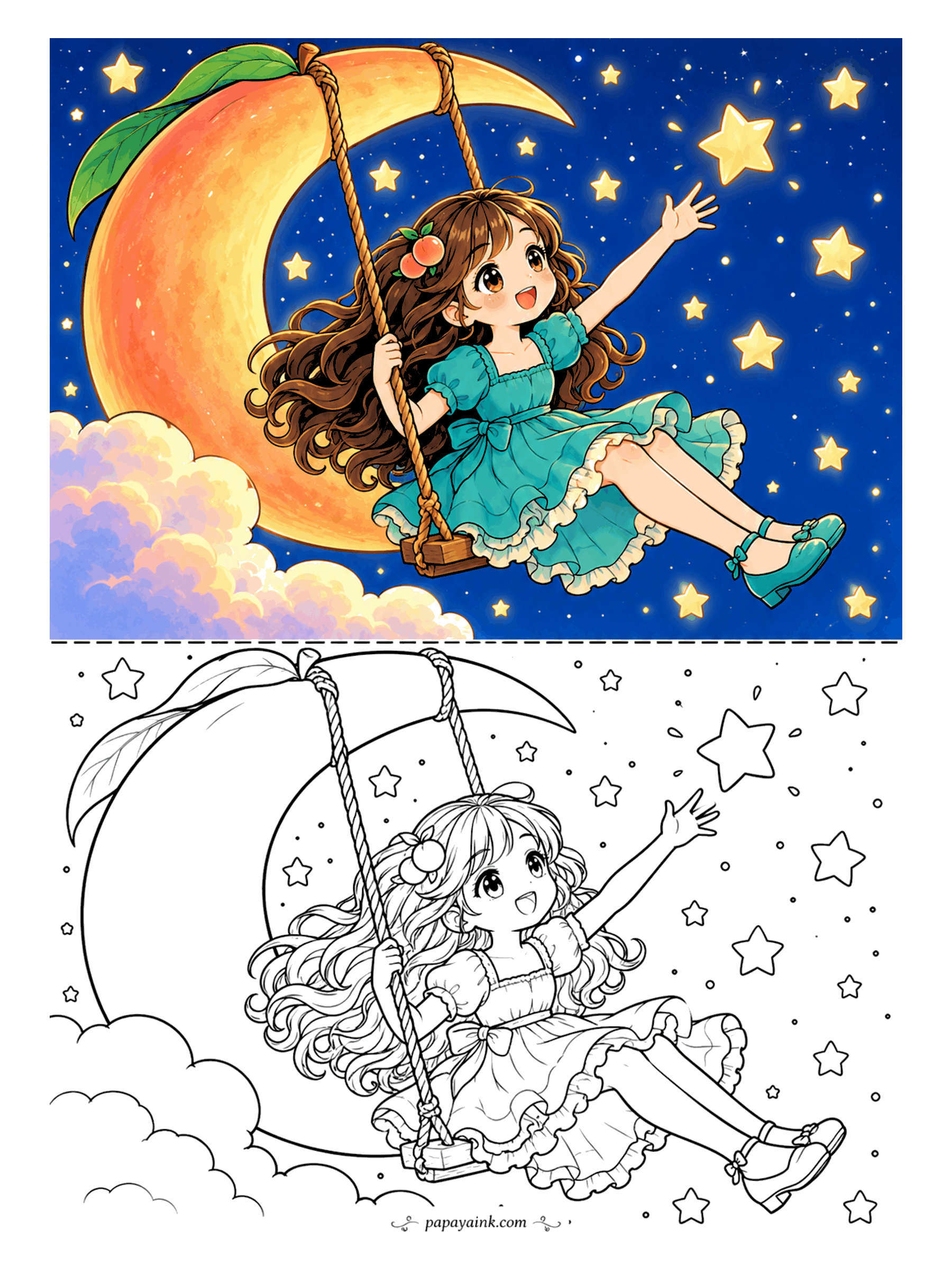 Cute Anime Coloring Pages - An anime girl in a ruffled dress swings from a crescent moon shaped like a ripe fruit, reaching for the brightest star in a sky full of them.