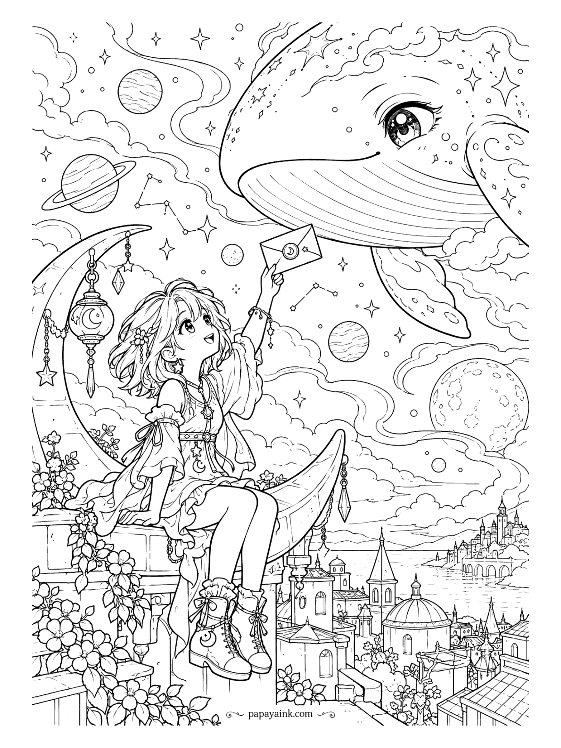 Cute Anime Coloring Pages - Detailed. Sitting on a crescent moon above a seaside city, an anime girl lifts a moon-sealed letter toward a friendly sky whale gliding among planets and constellations.
