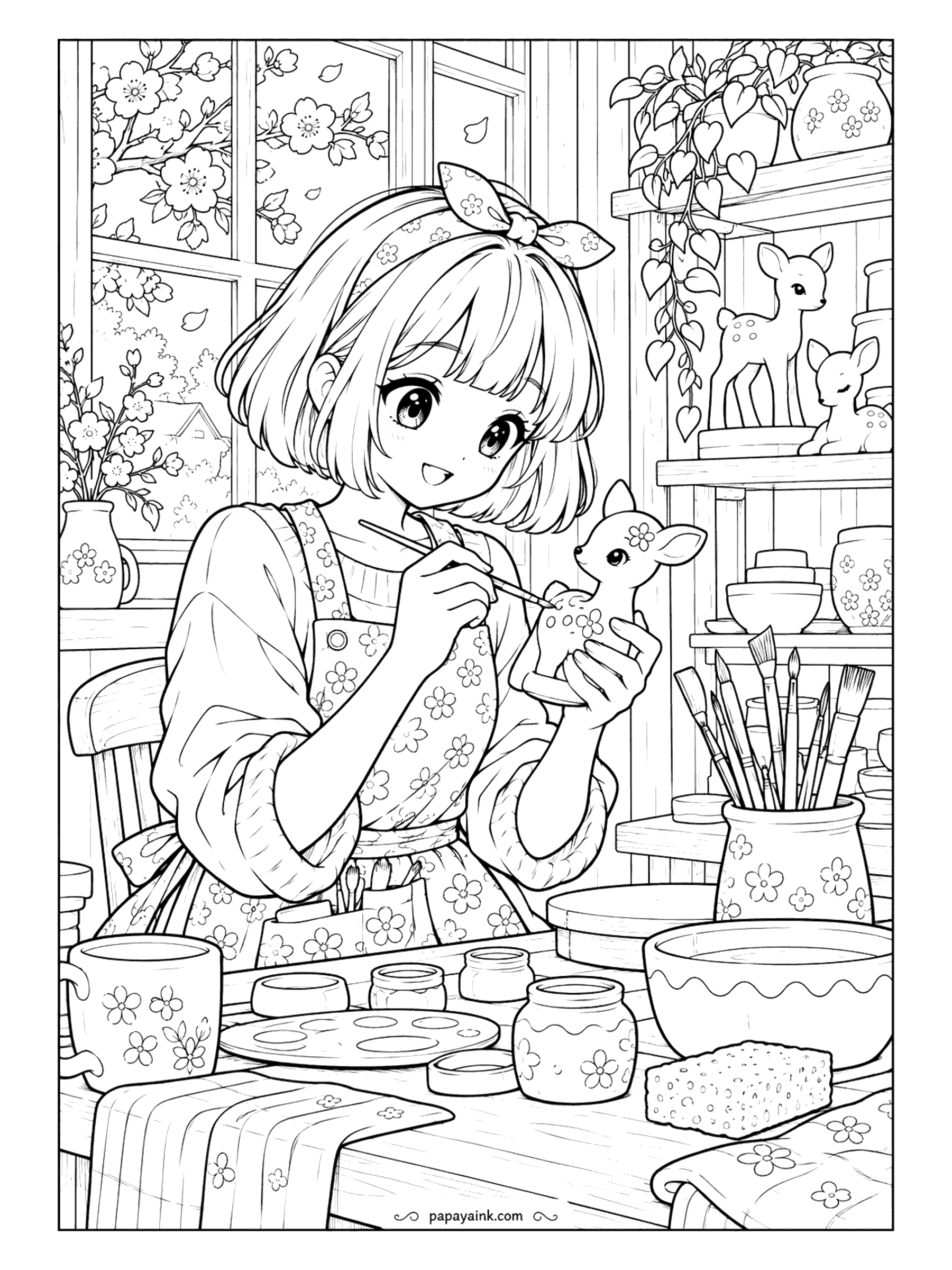 Cute Anime Coloring Pages - In a sunny pottery studio with cherry blossoms at the window, an anime girl with a bob haircut and a floral apron paints tiny flowers onto a ceramic fawn.