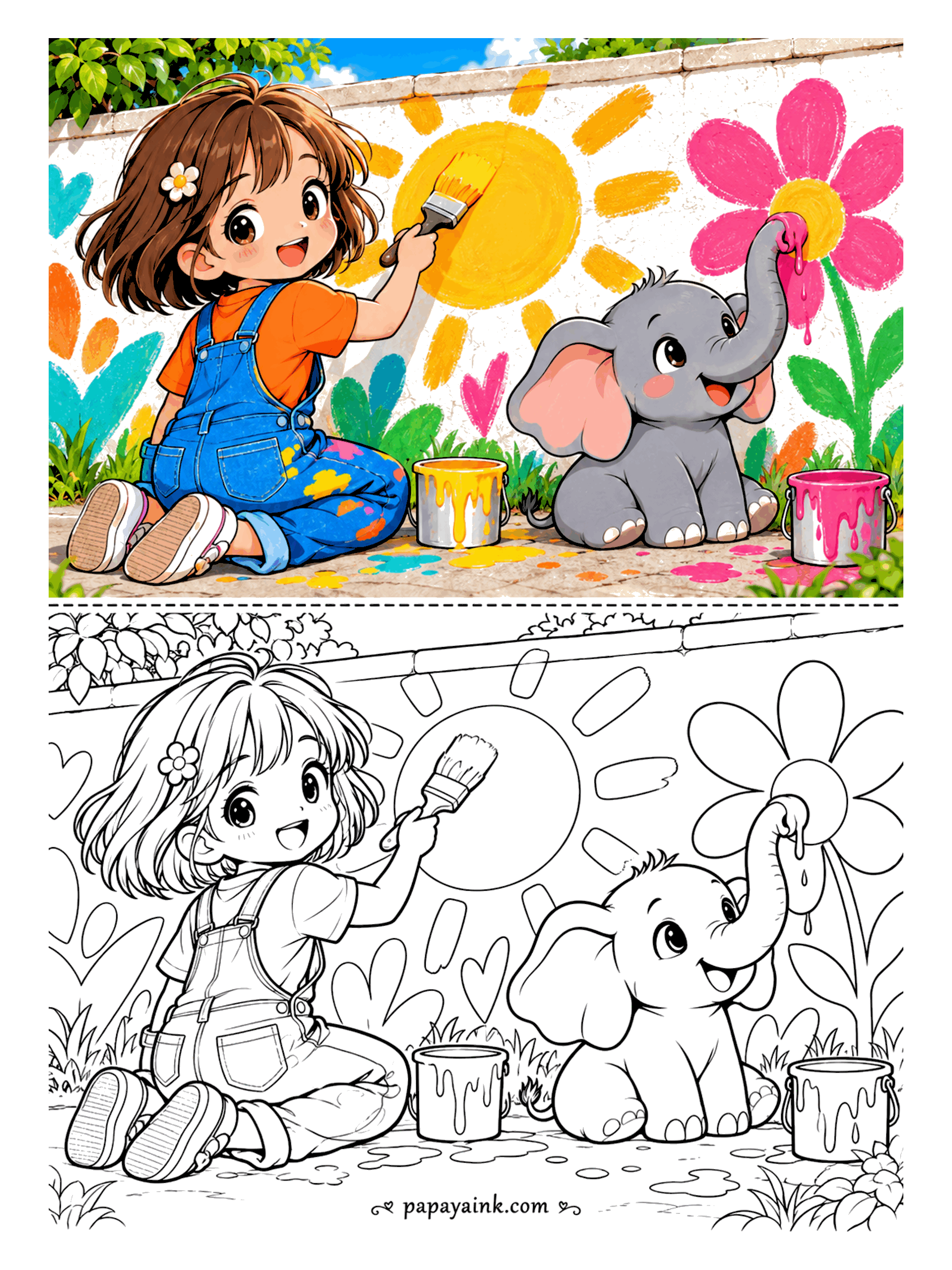 Cute Anime Coloring Pages - An anime girl in paint-splattered overalls brushes a big sun onto a garden wall while a baby elephant dips its trunk in paint to color a giant flower.
