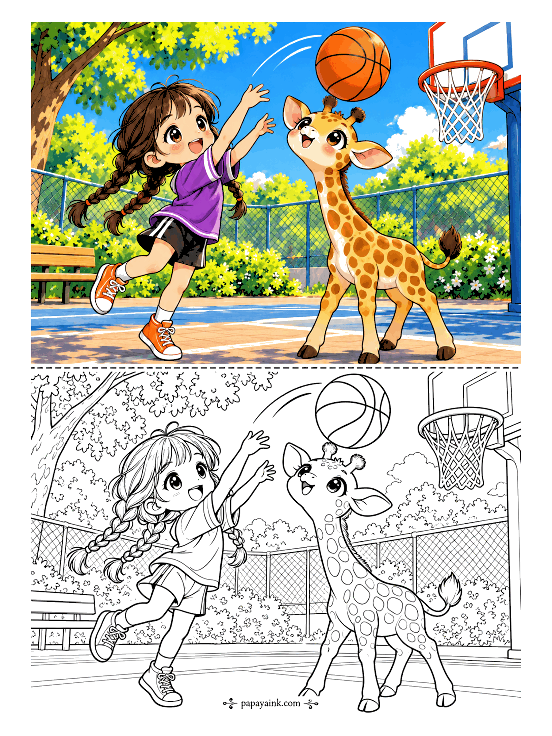 Cute Anime Coloring Pages - On a sunny park court, an anime girl with long braids jumps to shoot a basketball while a baby giraffe stretches its neck to nudge the ball toward the hoop.