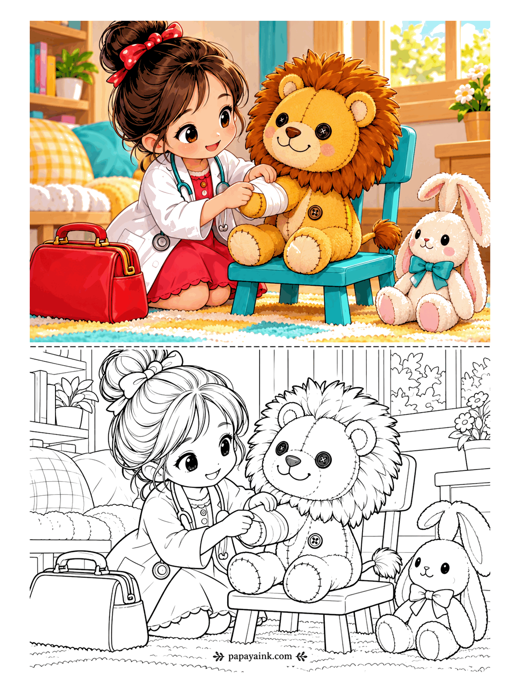 Cute Anime Coloring Pages - An anime girl in a white doctor coat with a stethoscope wraps a bandage around the arm of a stitched plush lion, while a toy bunny waits its turn beside the chair.
