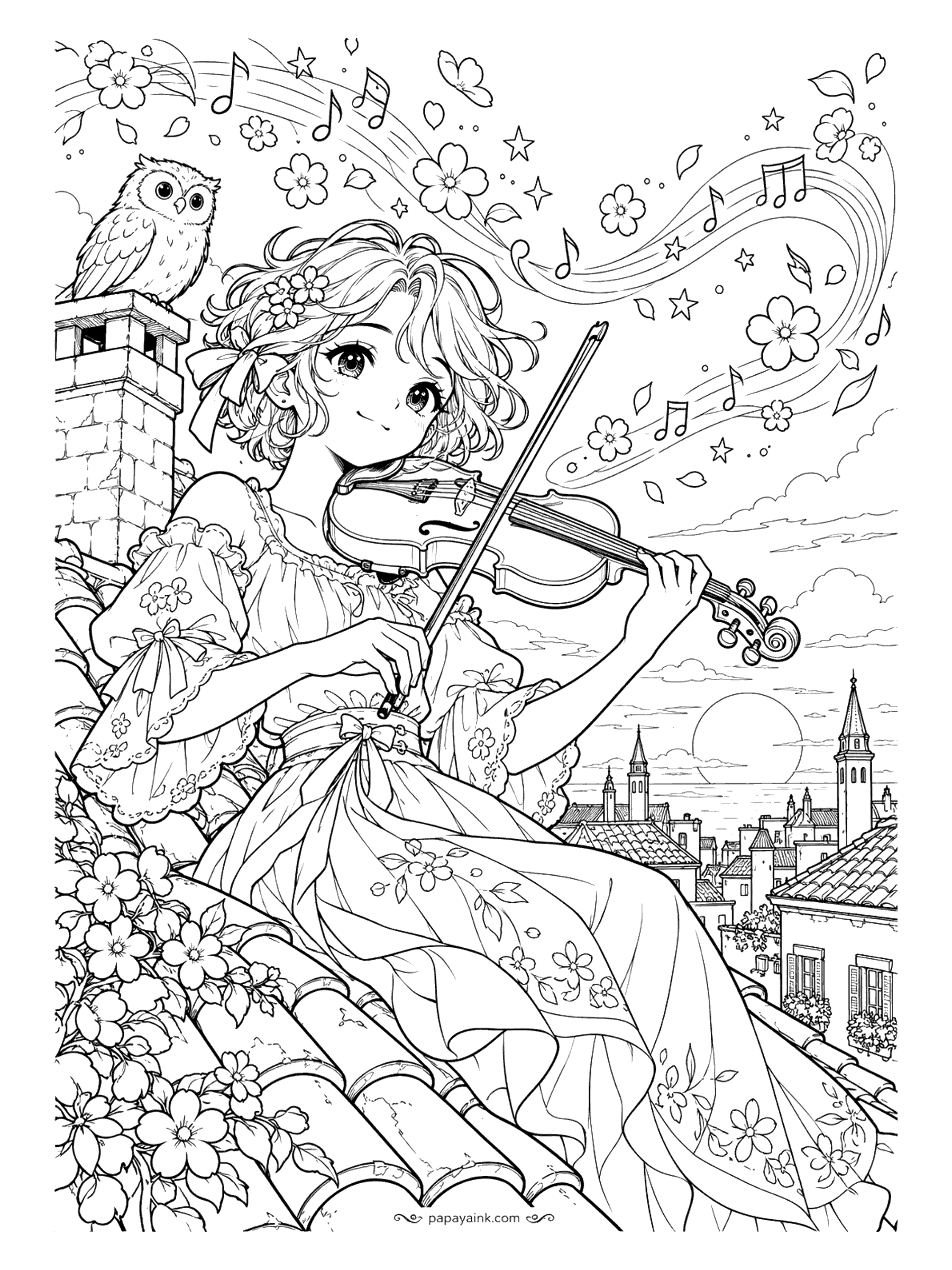 Cute Anime Coloring Pages - Detailed. An anime girl in a lace-trimmed dress plays the violin on a tiled rooftop at sunset, her melody carrying blossoms and music notes past a listening owl on the chimney.