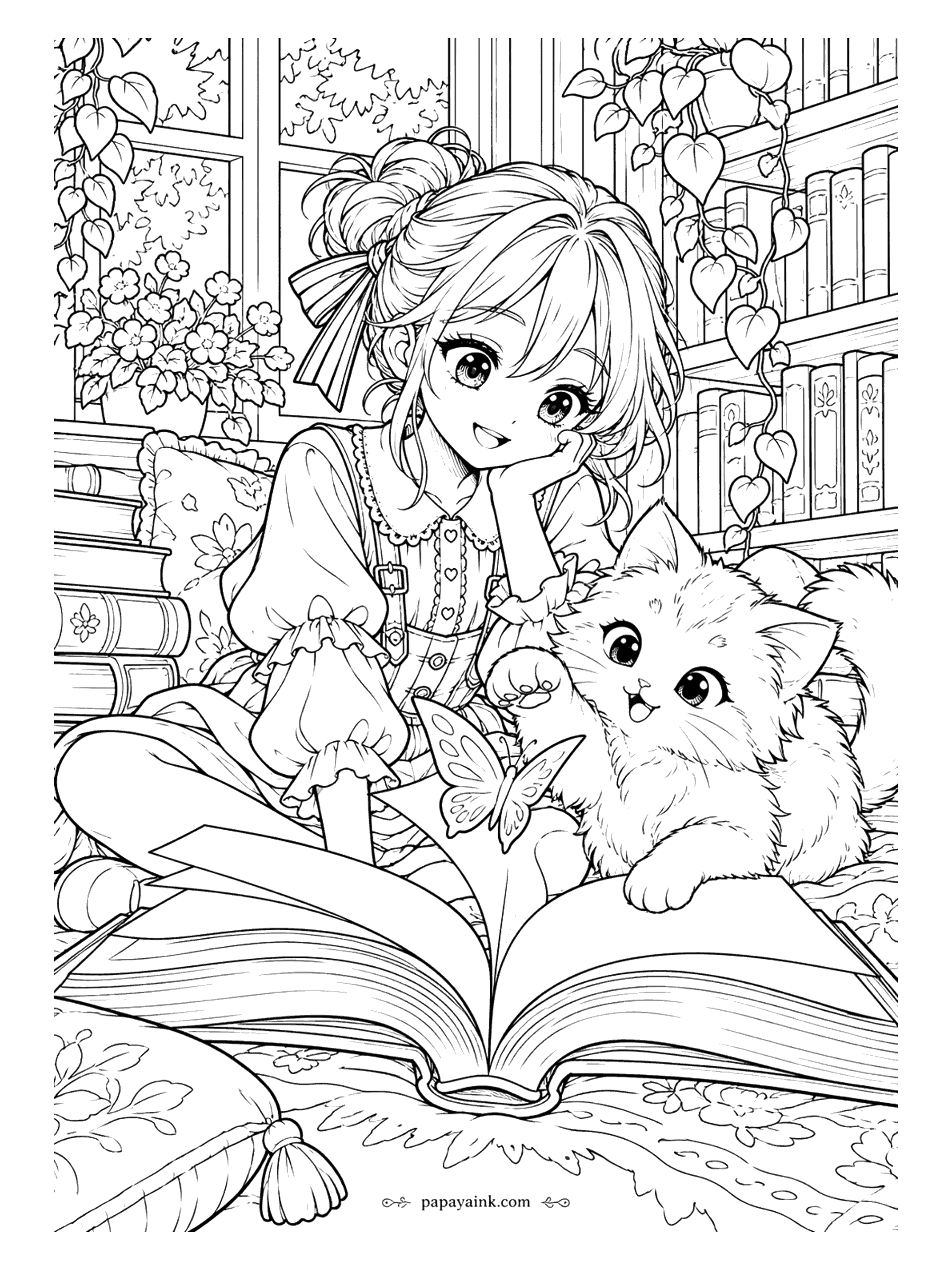 Cute Anime Coloring Pages - Kawaii anime girl with a ribbon bun rests her chin on her hand over a giant open book in a cozy library nook, as a fluffy kitten reaches a paw toward a visiting butterfly.