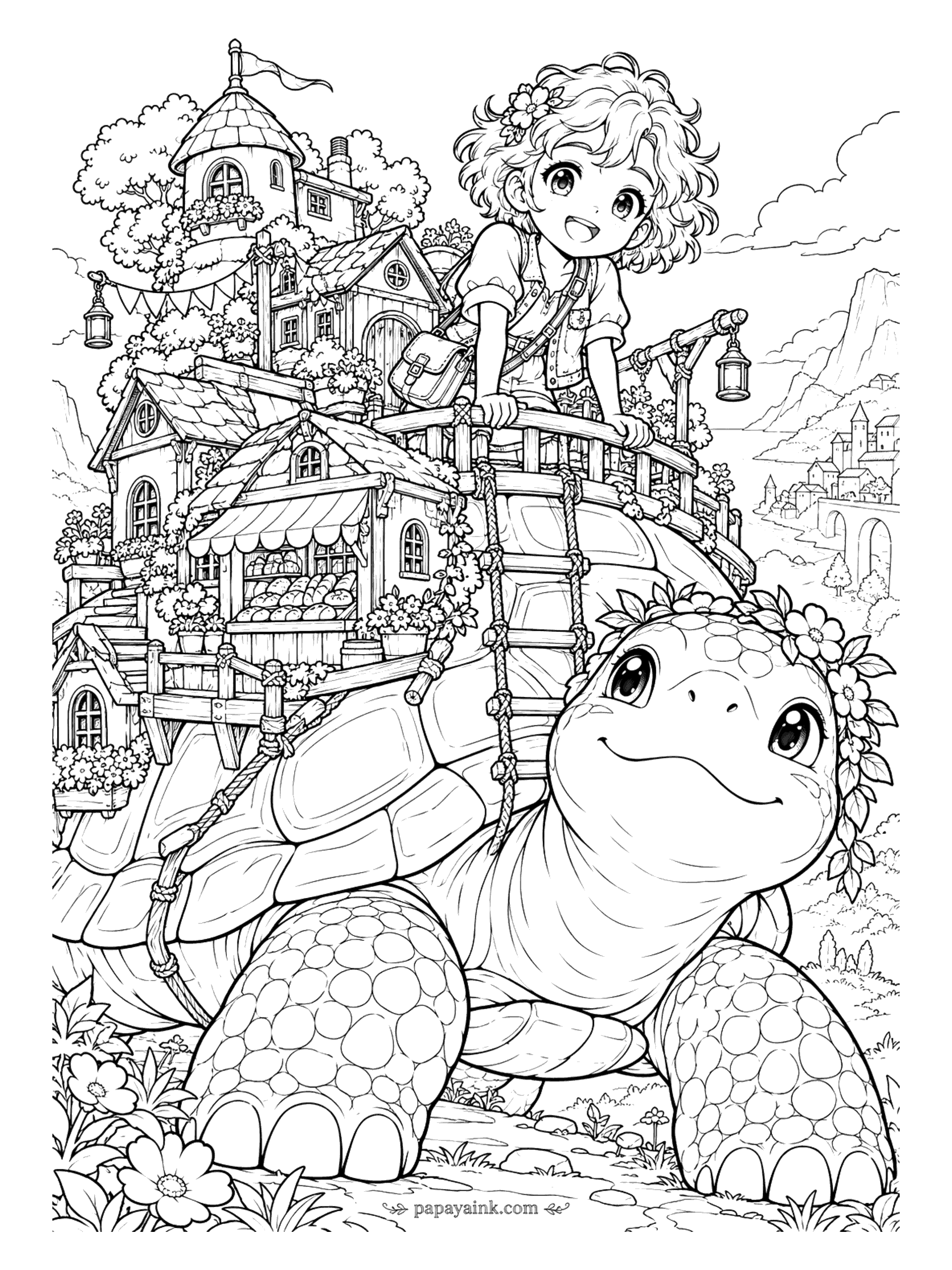 Cute Anime Coloring Pages - Detailed. A curly-haired anime traveler leans over the railing of a whole little village - bakery, tower and lanterns - built on the shell of a gentle giant tortoise wearing a flower crown.