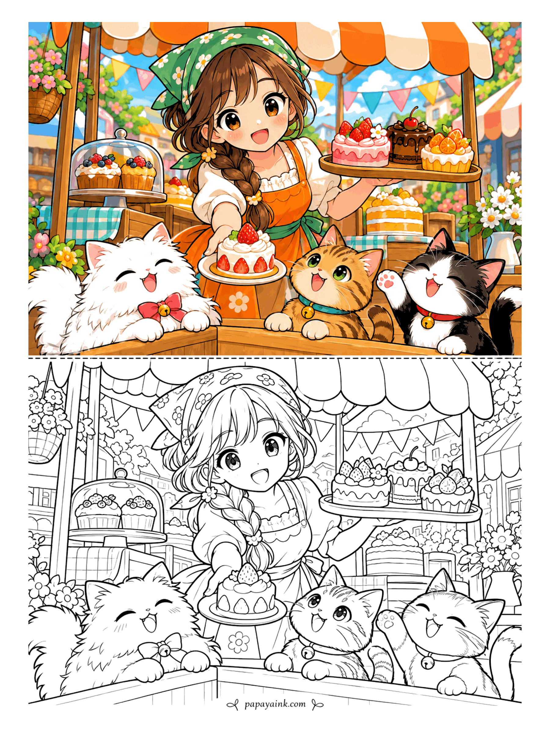 Cute Anime Coloring Pages - At a market stall hung with bunting, an anime girl in a flowered headscarf serves strawberry cake to three delighted cats lined up along the counter.