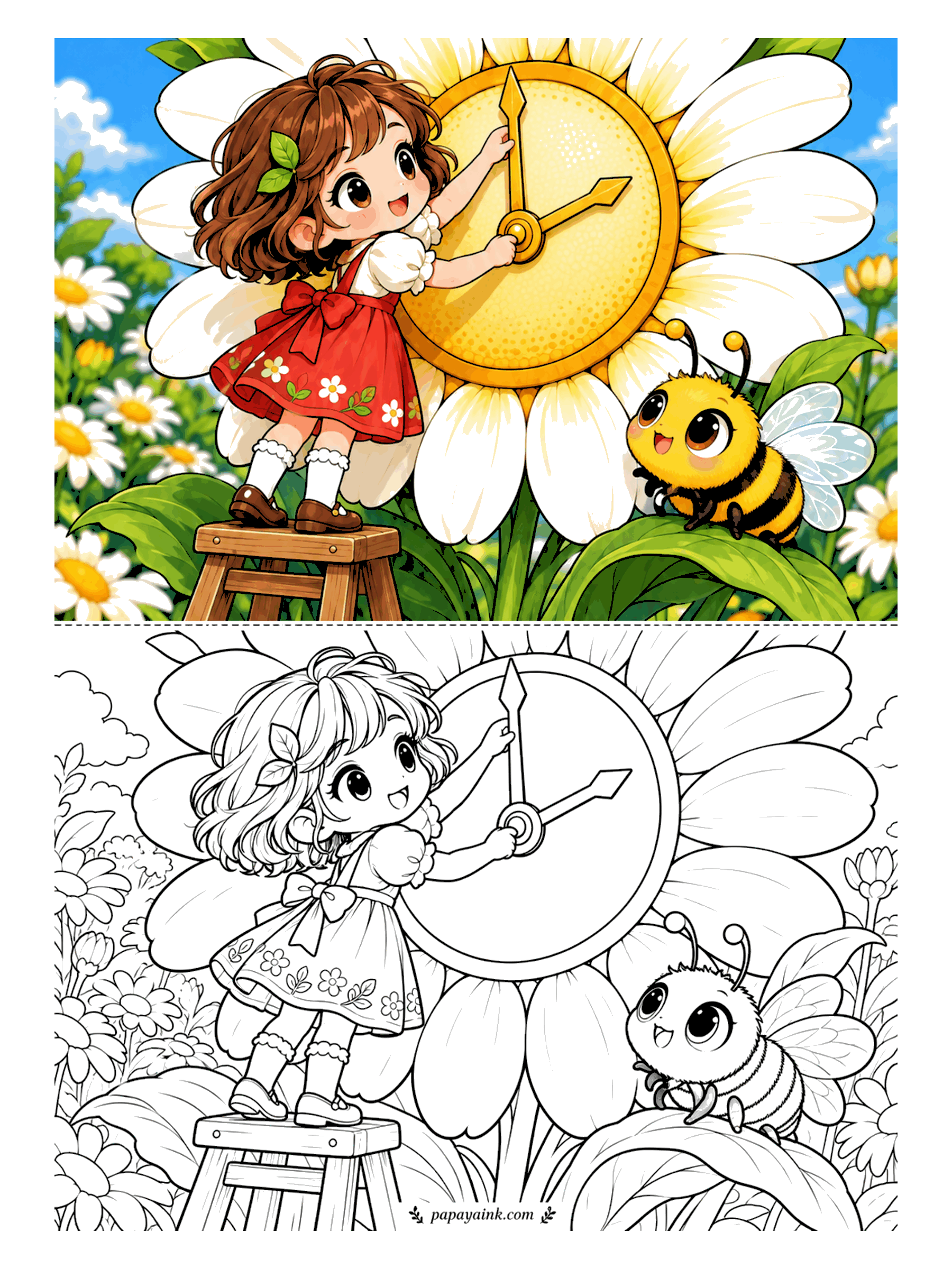Cute Anime Coloring Pages - Standing on a wooden stool, a tiny anime girl in a flowered dress sets the hands of a clock built into a giant daisy as a fuzzy bumblebee watches from a leaf.