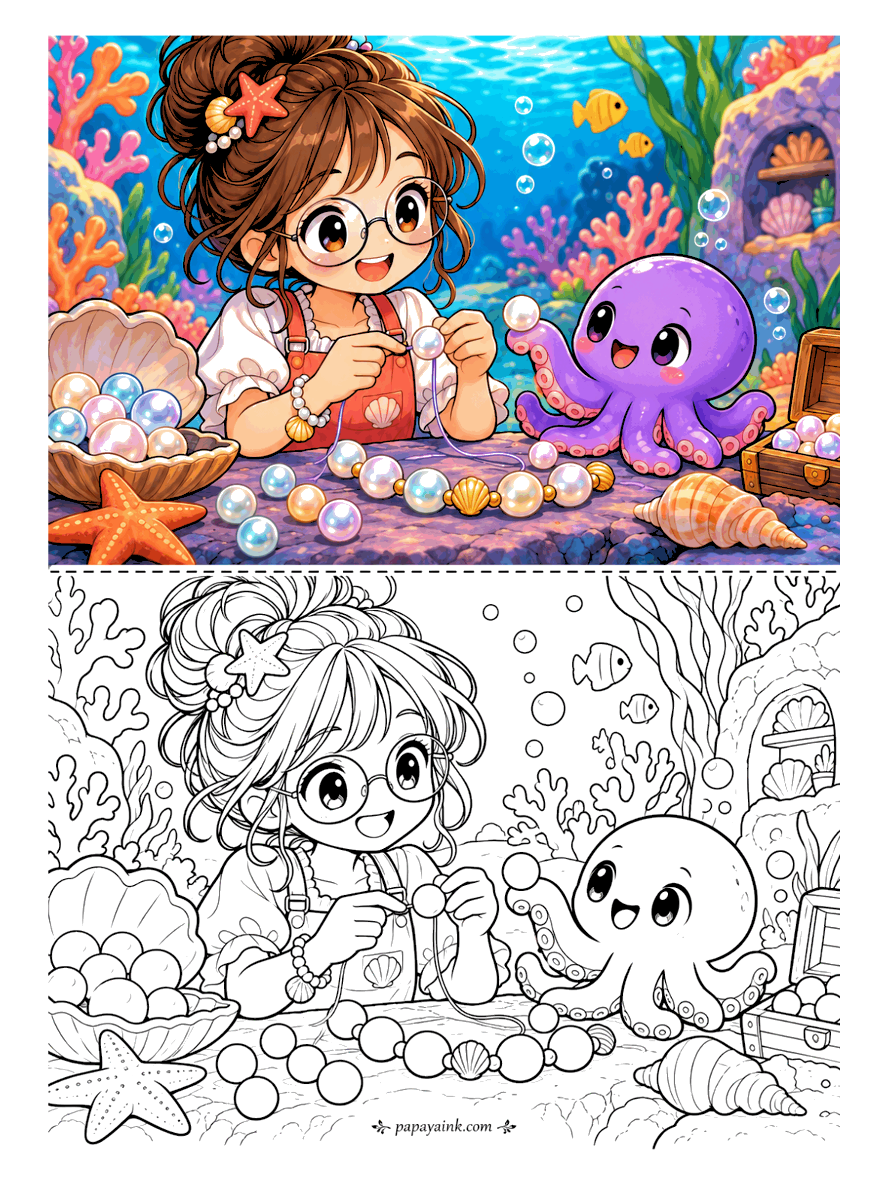 Cute Anime Coloring Pages - Under the sea, an anime girl with a starfish hairpin strings a pearl necklace while a cheerful baby octopus passes her the next pearl from an open shell.