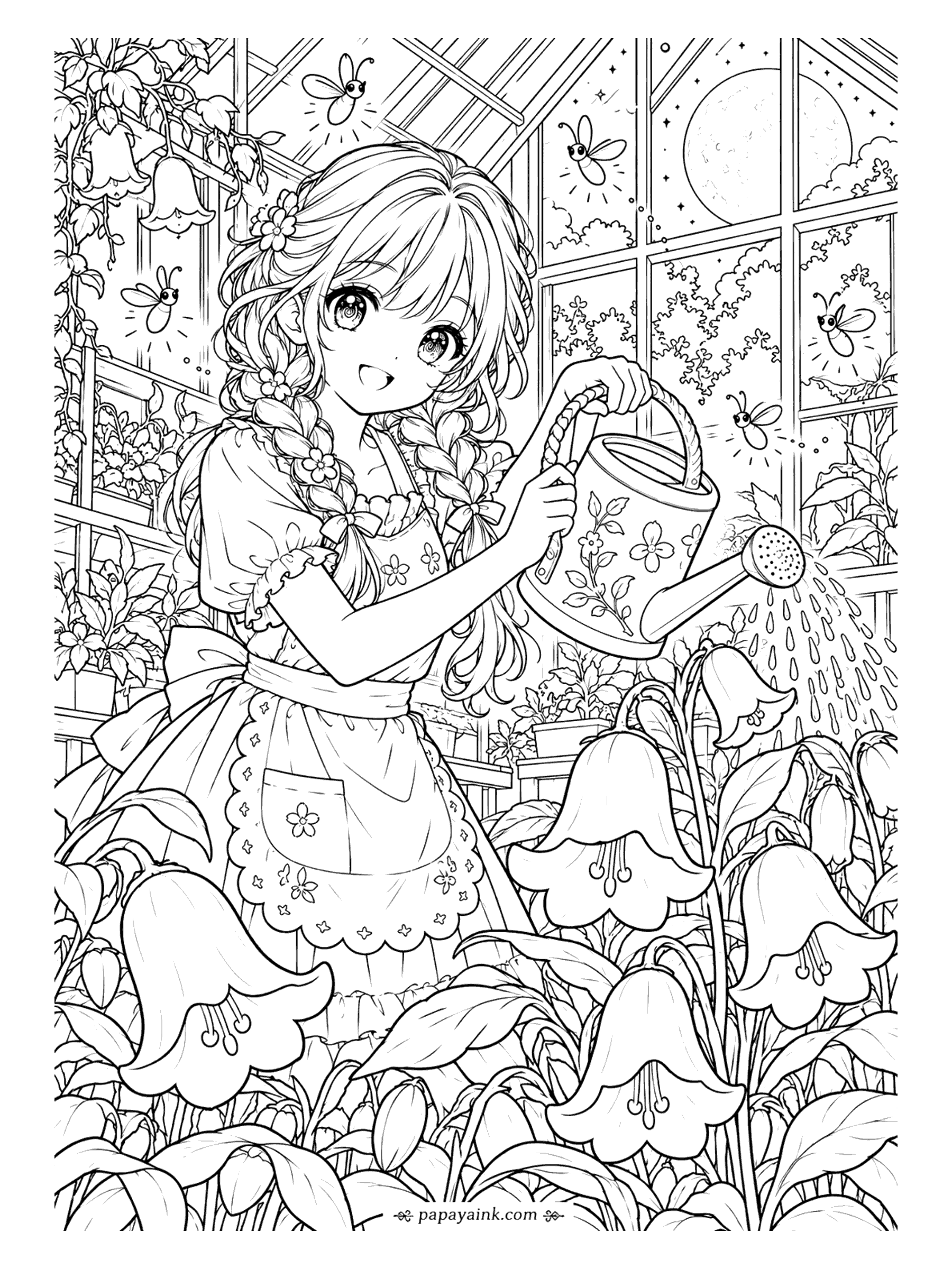 Cute Anime Coloring Pages - Detailed. In a moonlit greenhouse lit by fireflies, an anime girl with flower-woven braids and a scalloped apron waters a bed of giant bellflowers with a painted watering can.