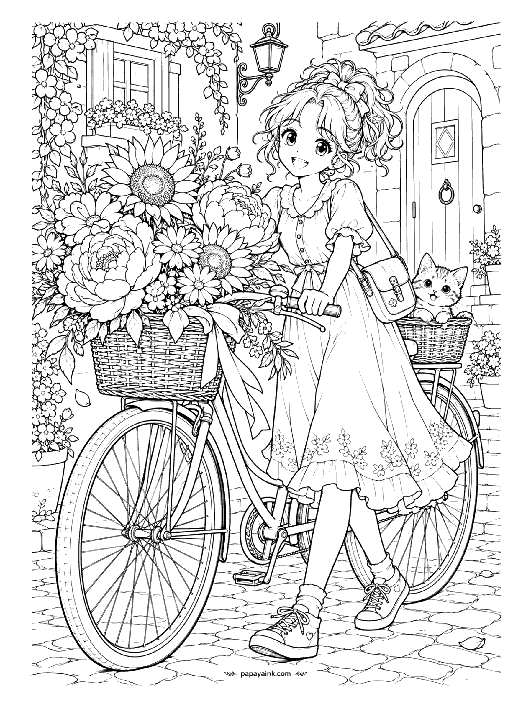 Cute Anime Coloring Pages - Detailed. A curly-haired anime girl in a ruffled sundress wheels a vintage bicycle down a cobblestone lane, the front basket overflowing with sunflowers and peonies and a kitten riding in the back.