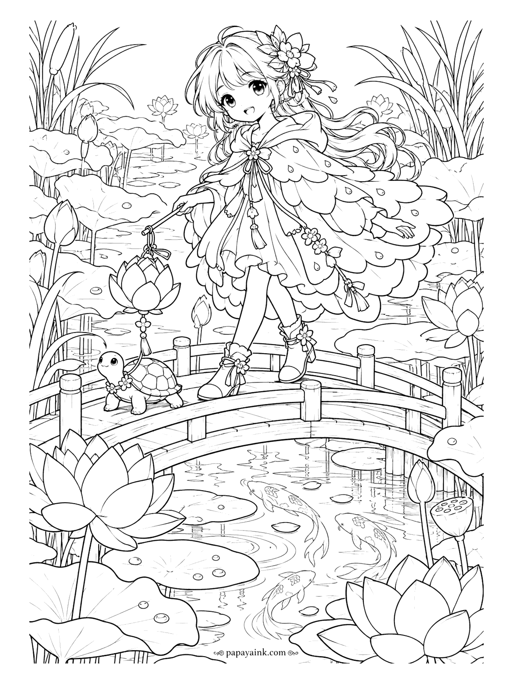 Cute Anime Coloring Pages - Detailed. An anime girl in a petal-layered cape crosses an arched wooden bridge with a lotus lantern, a flower-crowned turtle strolling beside her and koi circling in the pond below.