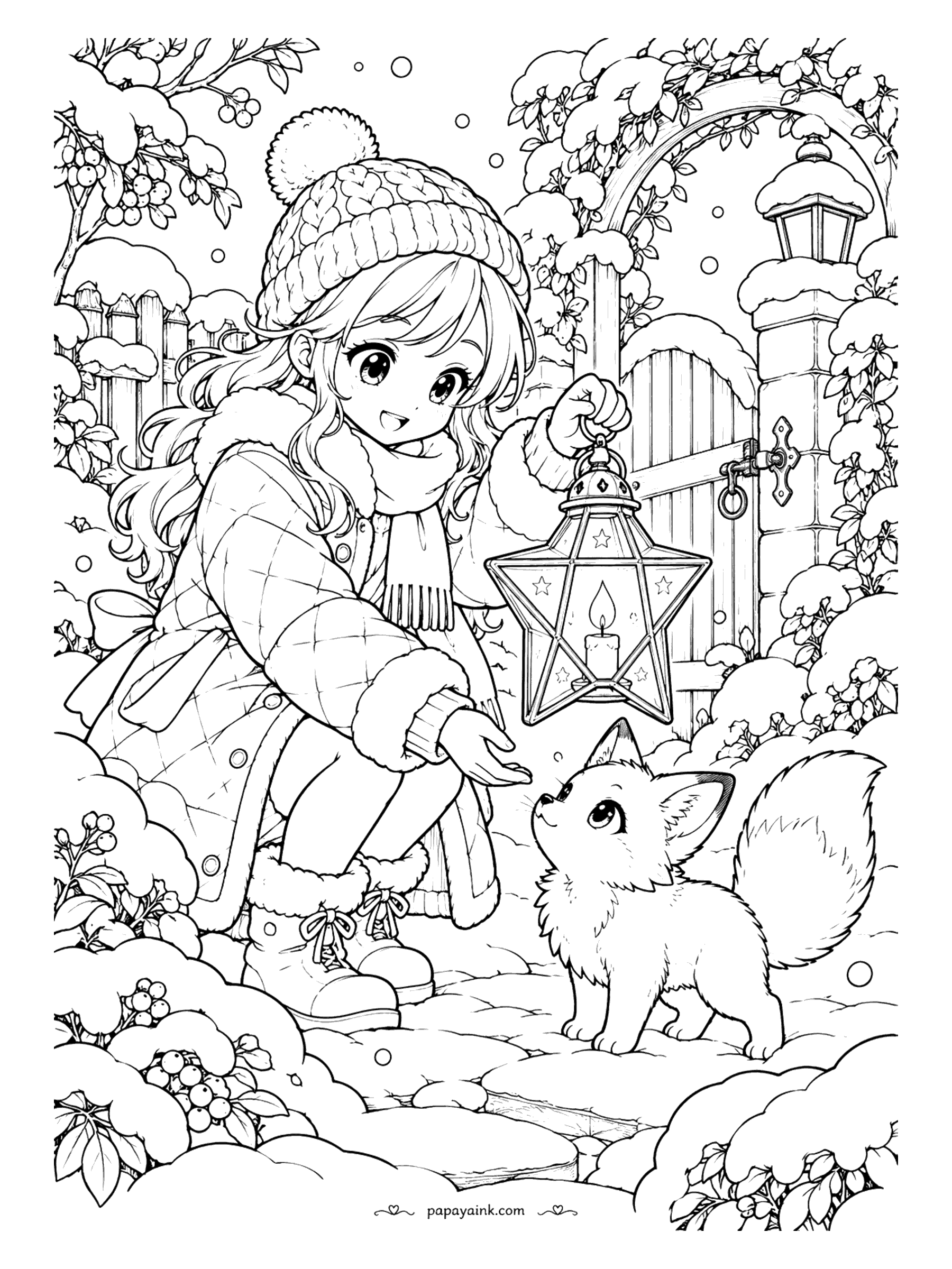 Cute Anime Coloring Pages - A cute anime girl in a pom-pom hat and quilted coat kneels in a snowy garden, holding a star-shaped candle lantern out to a curious fox cub beside a frosted gate.